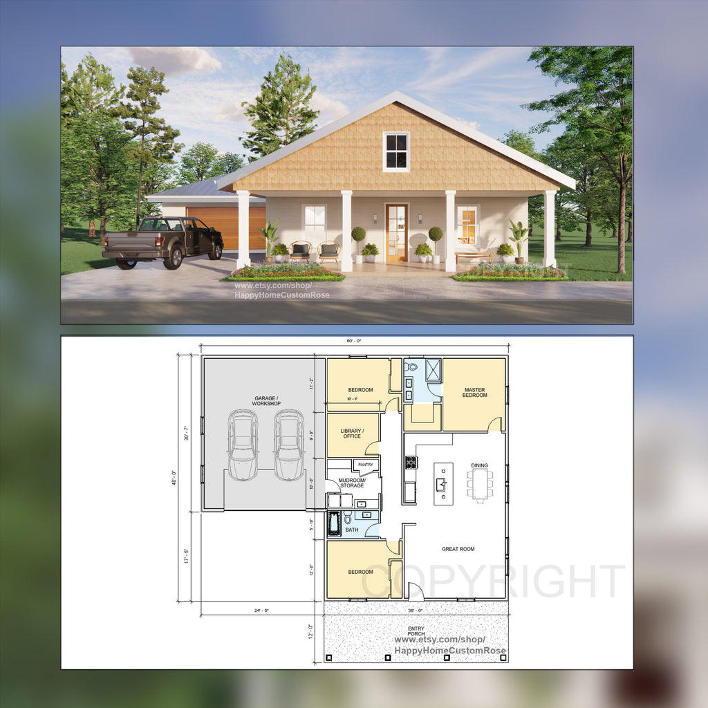 Magnolia Homestead Modern House Open Plan Design 60 x 30 - 3 Bed 2 Bath 1730sf -  Drawings Blueprints
