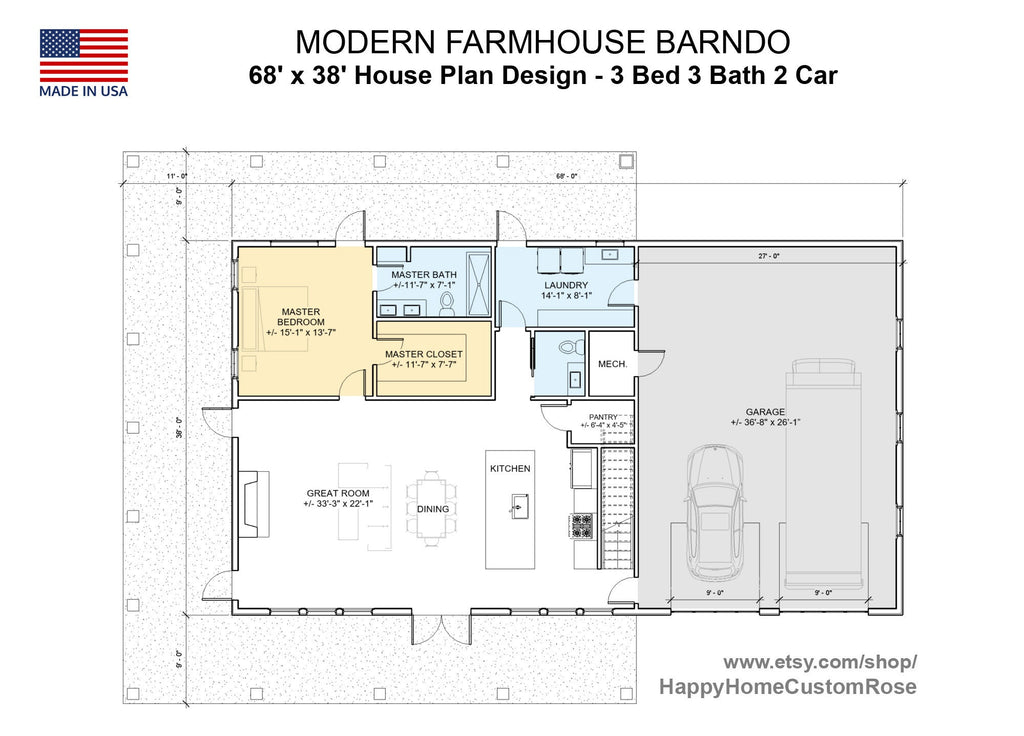 Farmhouse Barndo House Plan - 68x38, 3 Bed 3 Bath with 2-Car + RV Garage - Modern Blueprints