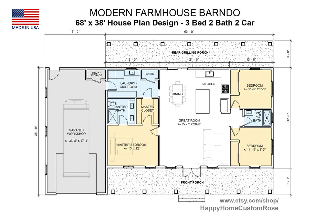 Great Oak Barn Barndominium Modern House Open Plan Design 68 x 38 - 3 Bed 2 Bath Garage Shop Barndo -  Drawings Blueprints