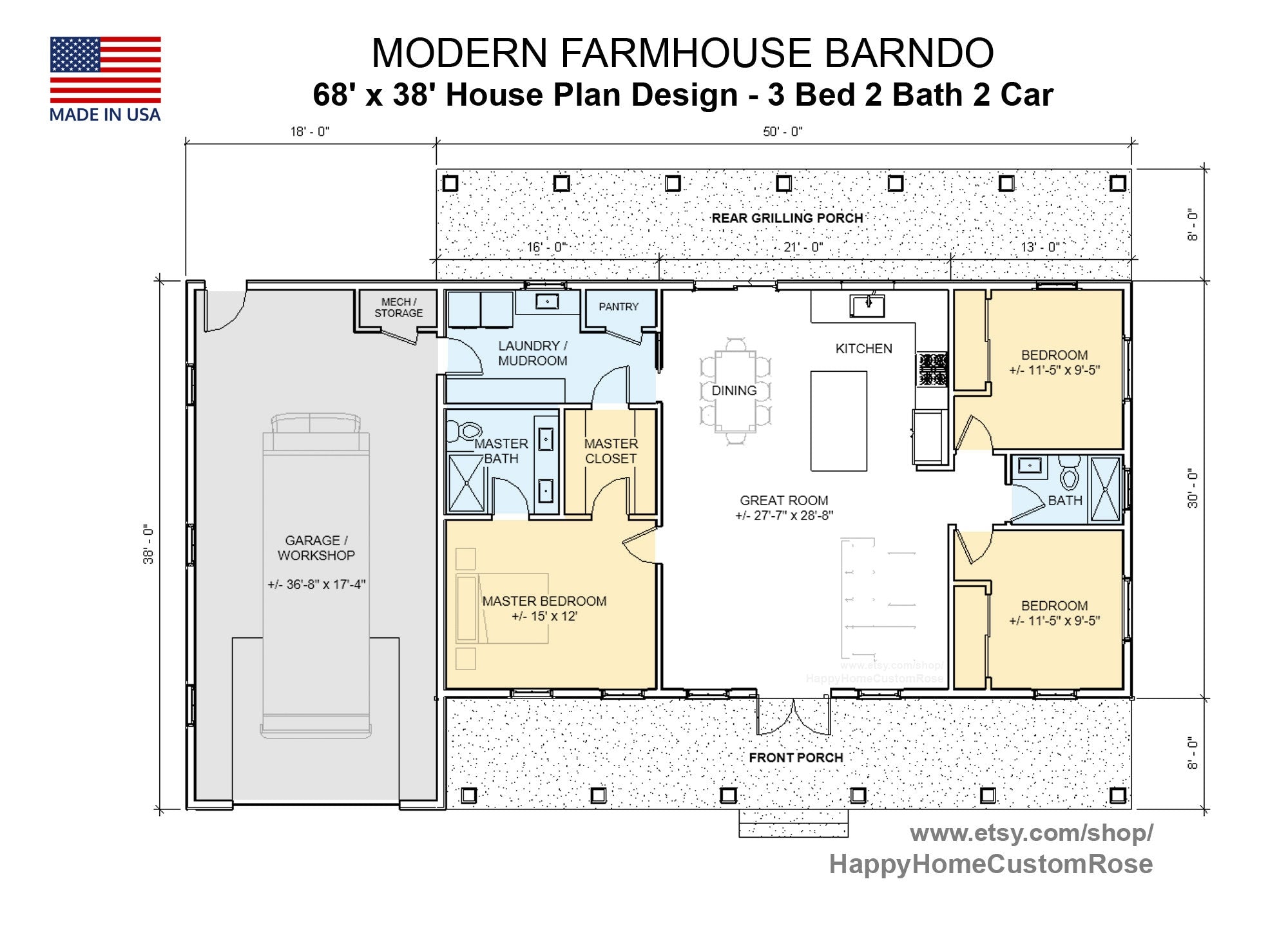 Great Oak Barn Barndominium Modern House Open Plan Design 68 x 38 - 3 Bed 2 Bath Garage Shop Barndo -  Drawings Blueprints
