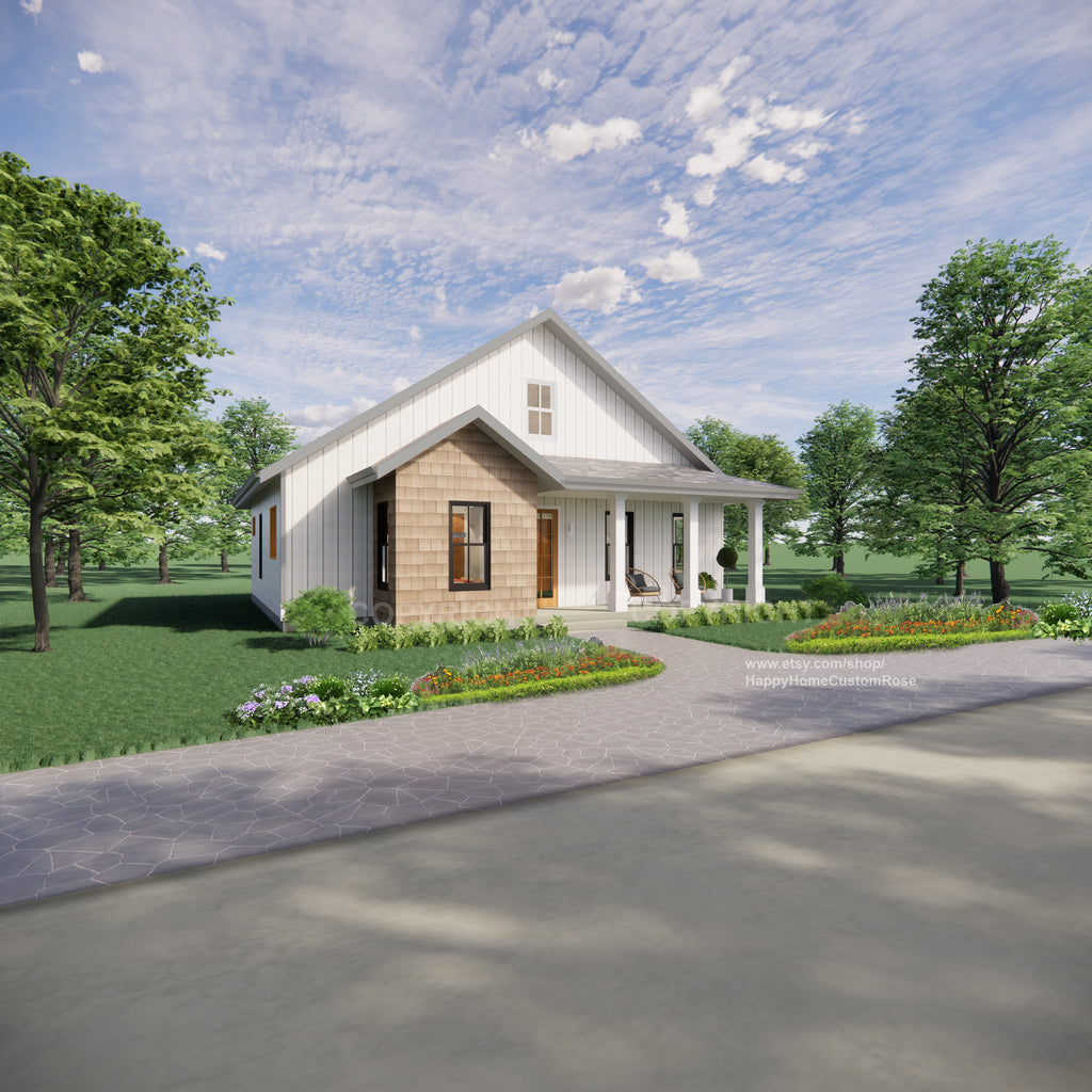 Idyllic Living Modern Cottage Plans - Open Plan Design - Modern Farmhouse 2 Bed 2 Bath 1230 Square Feet - Drawings Blueprints