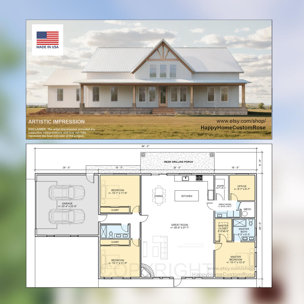 Rocky Ridge Barndominium Modern House Open Plan Design 84 x 40 - 3 Bed 2 Bath -  Drawings Blueprints
