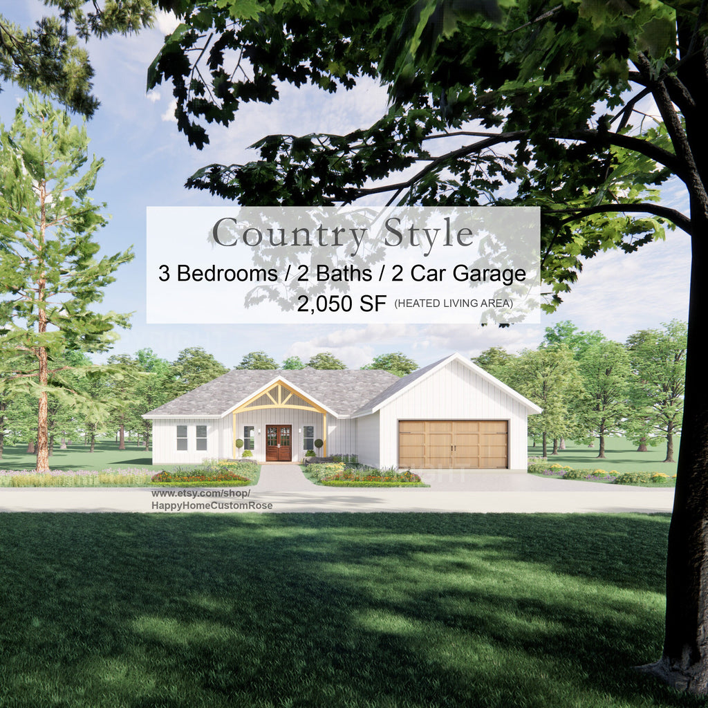 Riverside Farmhouse House Plan - 2005 SF, 3 Bed 2.5 Bath - Modern Open Floor Plan with 2-Car Garage