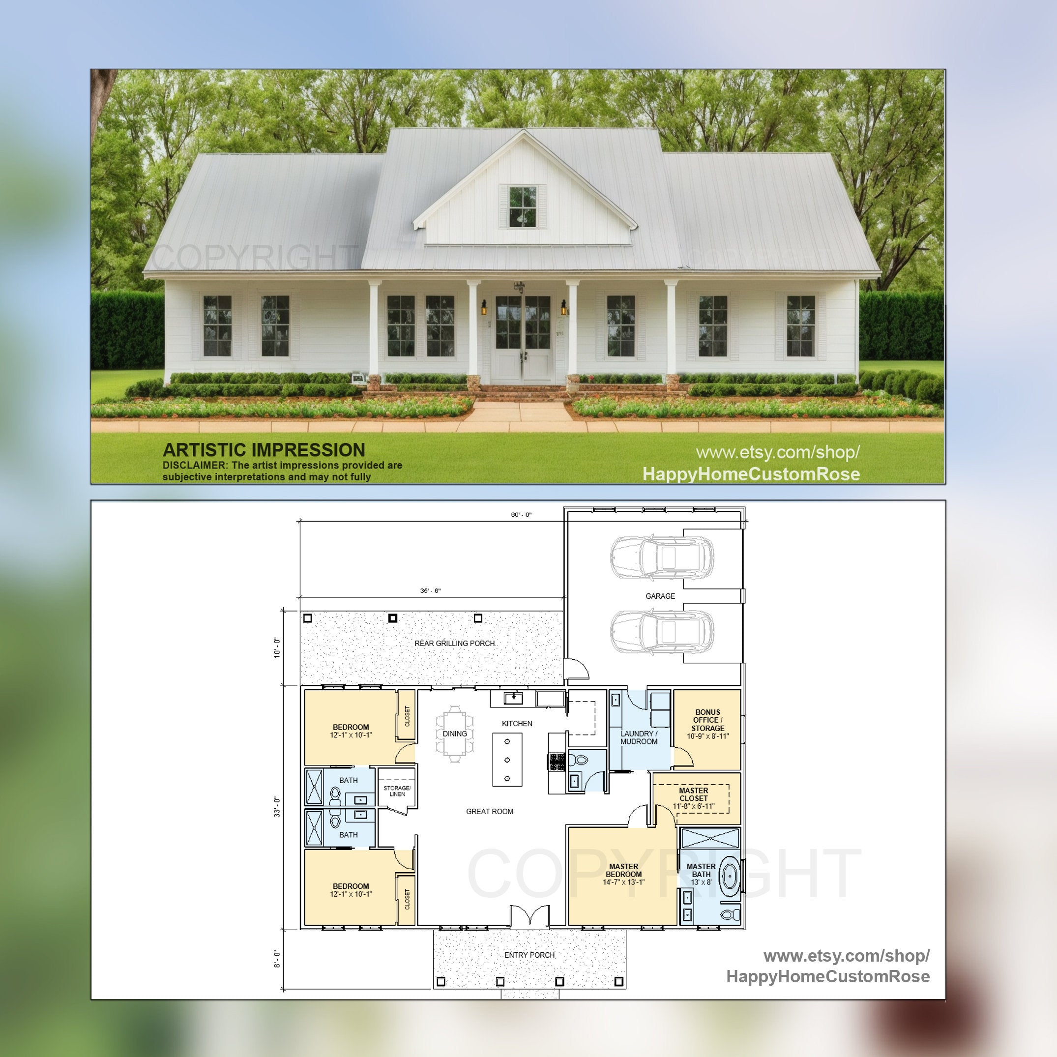 Farmhouse Barndominium - 60' x 57' House Plan Design - 3 Bed 3.5 Bath Office 1980 SF - Drawings Blueprints