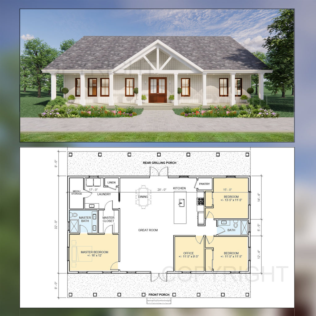 Lakeview House Plans - Open Plan Design - Modern Farmhouse 3 Bed/2 Bath + Home office 1920 Square Feet - Drawings Blueprints