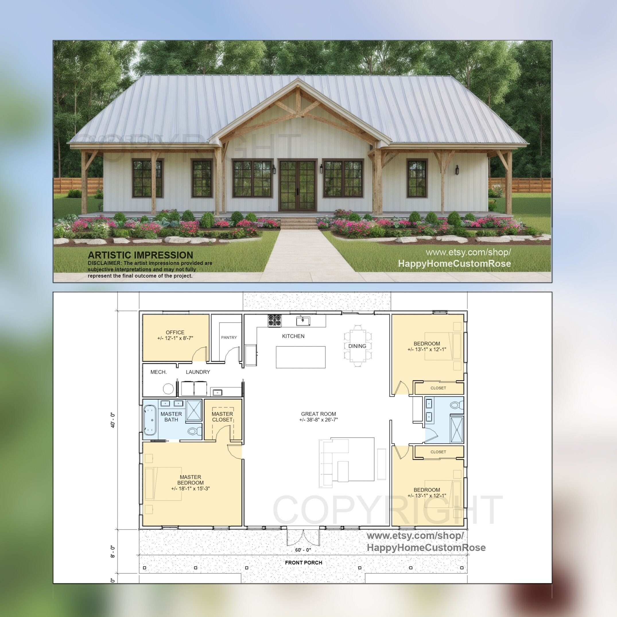 Farmhouse Barndominium - 40' x 60' House Plan Design - 3 Bed 2 Bath - Drawings Blueprints