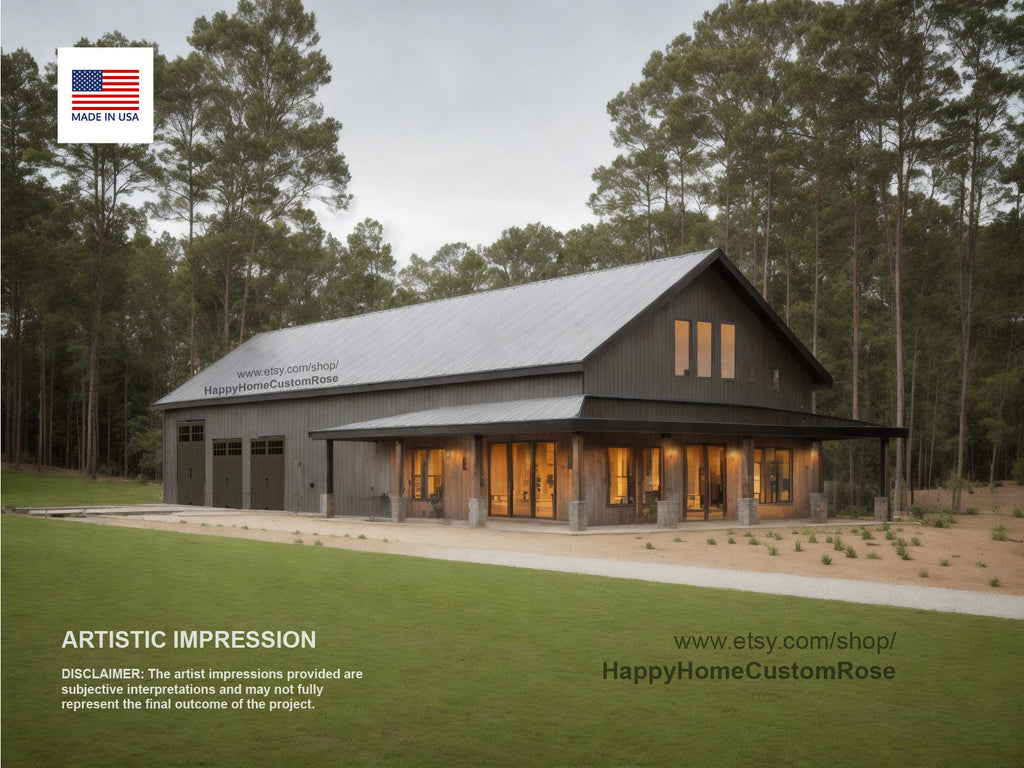 Brentwood Barn Barndominium House Plan - 100x36, 2310 SF, 4 Bed 3 Bath with 3-Car Garage