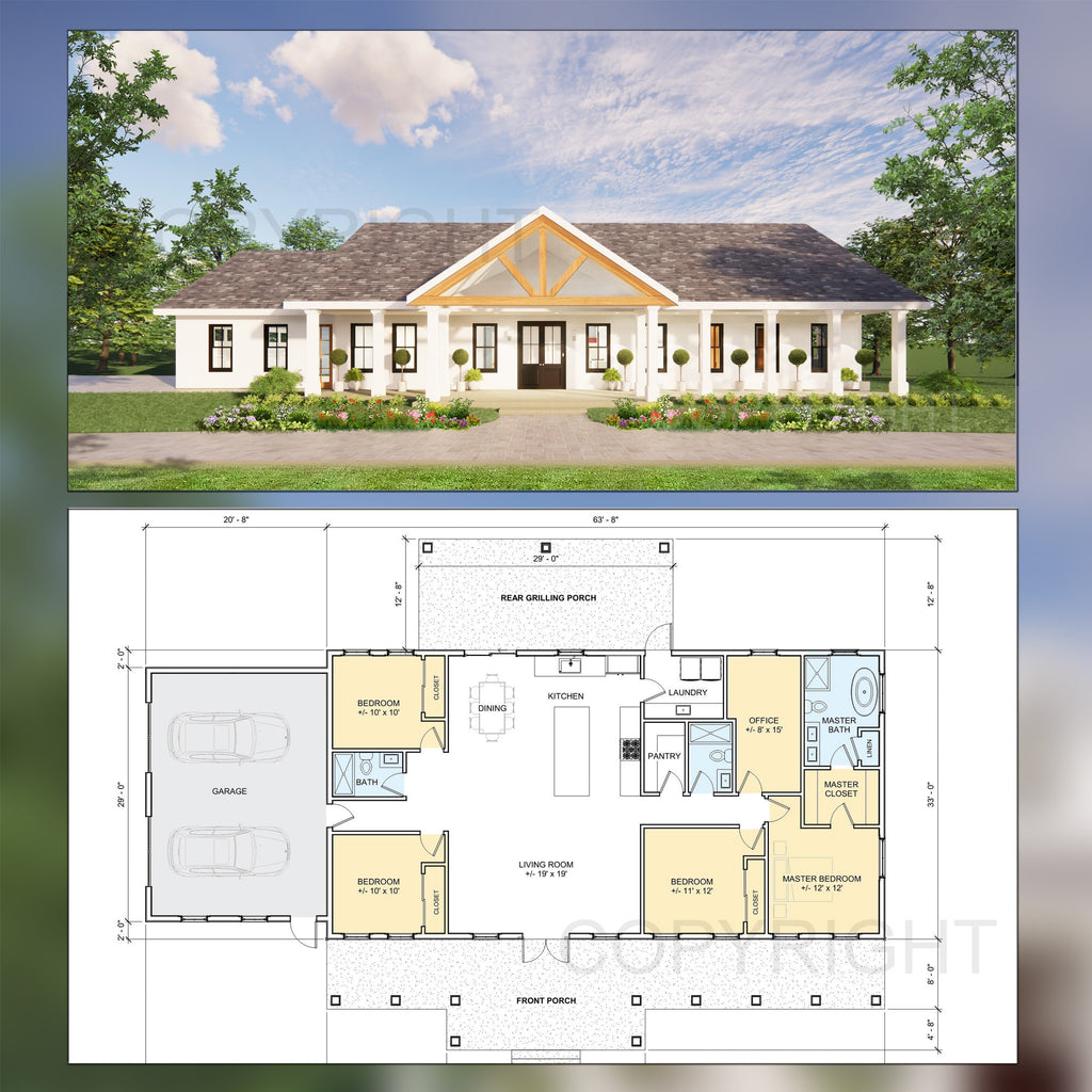 Cedar Springs Barndominium House Plan Design - 4 Bed 3 Bath - Double Garage - Drawings Blueprints