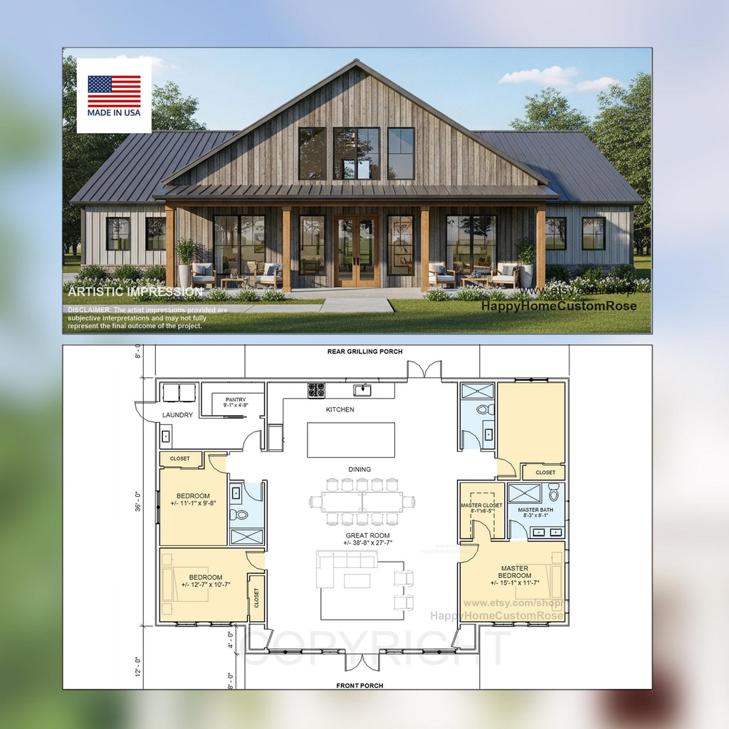 Ashwood Farmhouse Barndominium House Plan - 60x40, 2296 SF, 4 Bed 3 Bath - Modern Open Floor Plan