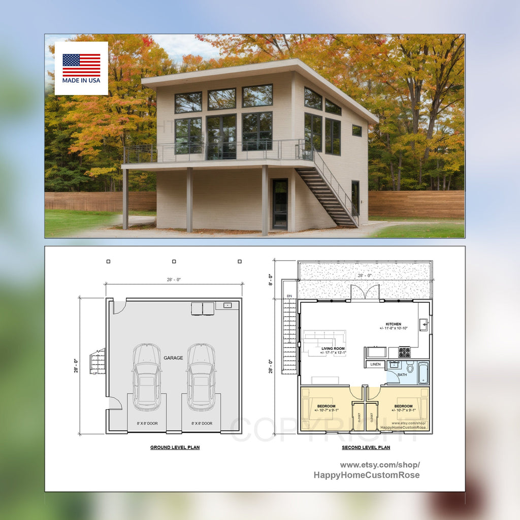 Tall Maple 2 story Detached 28'x28' Two Car Garage Loft House Plan Design - 2 Bed 1 Bath 784 sq ft - 2 Garage - Drawings Blueprints