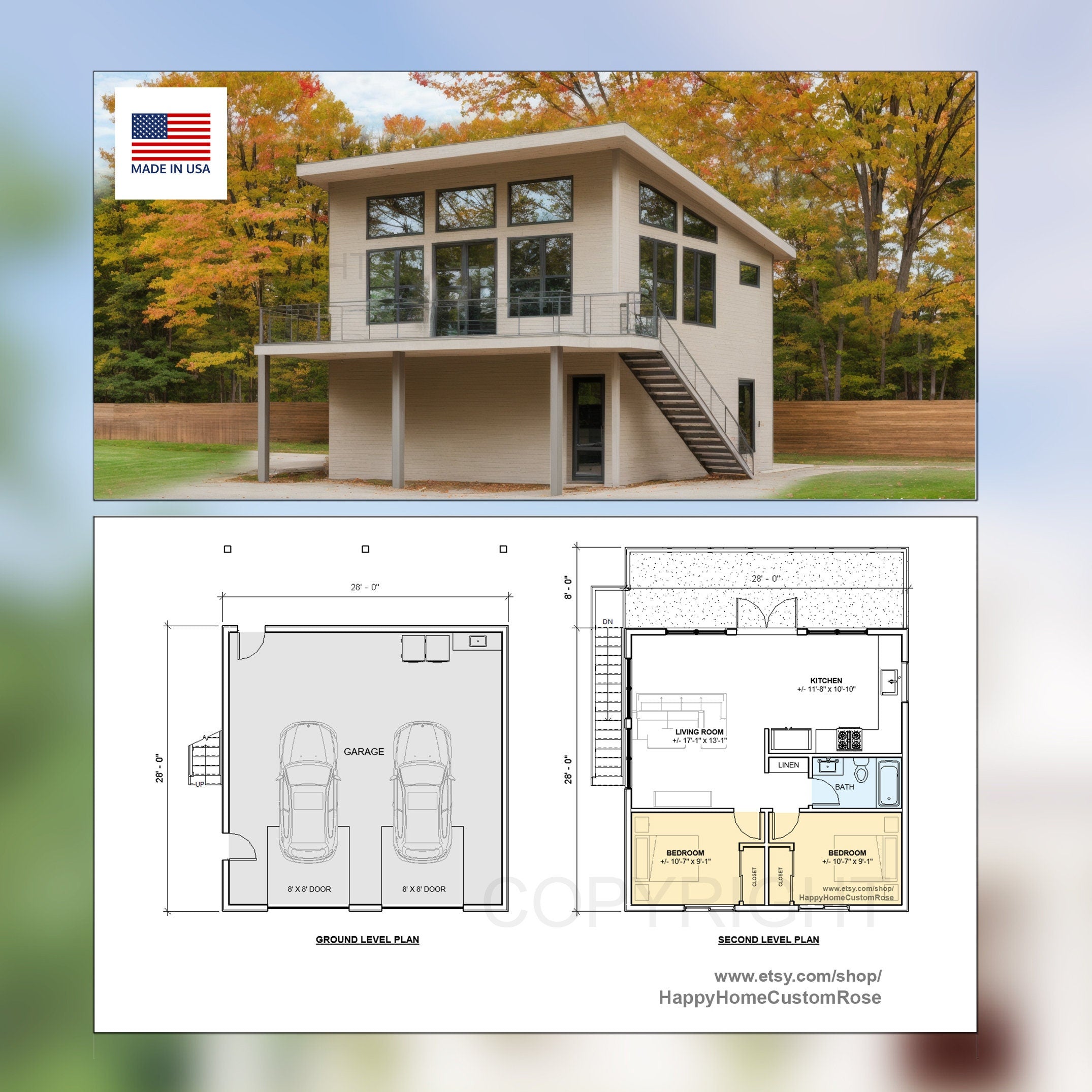 Tall Maple 2 story Detached 28'x28' Two Car Garage Loft House Plan Design - 2 Bed 1 Bath 784 sq ft - 2 Garage - Drawings Blueprints