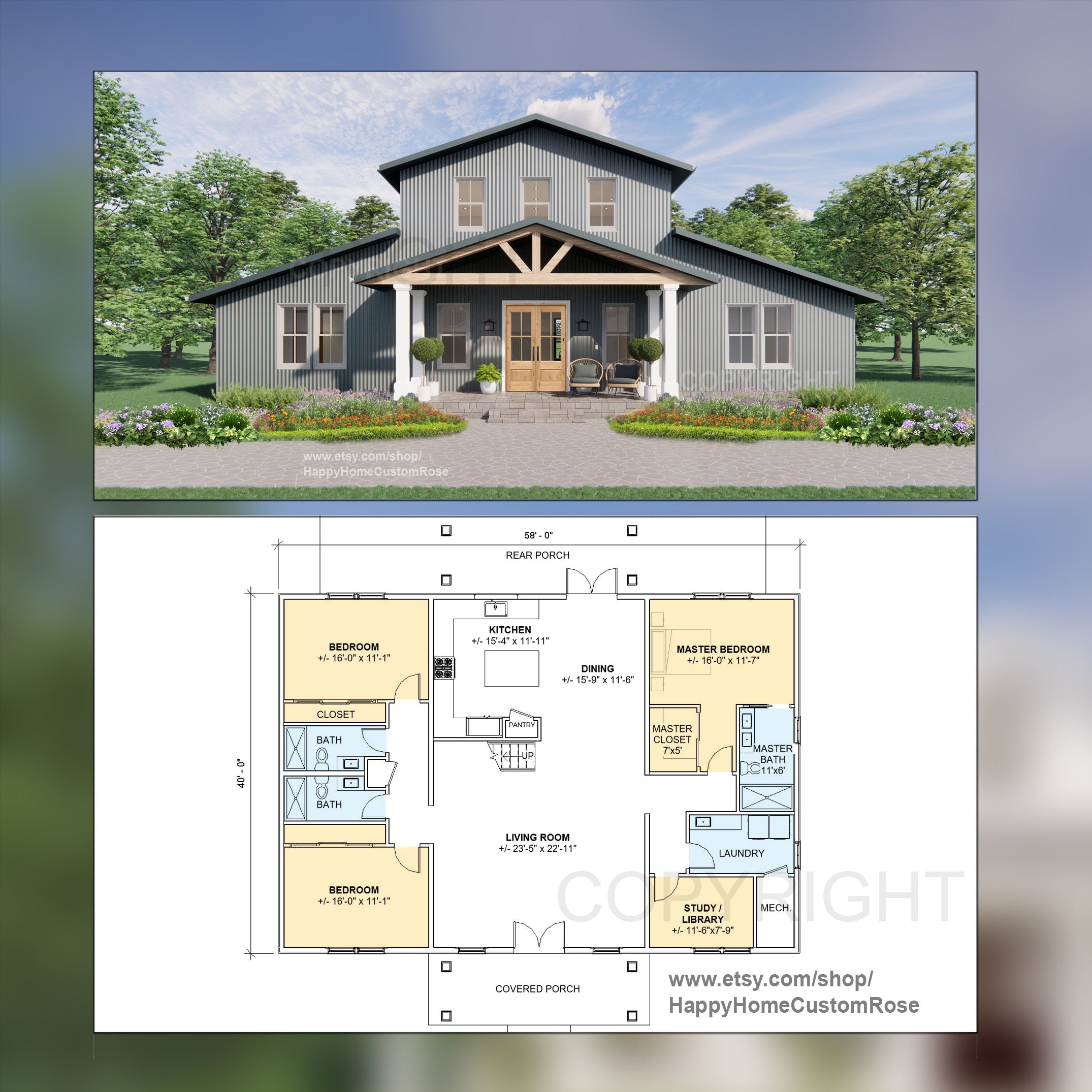 Hayloft Haven Two Story Monitor Style Barndrominium House Plans - Open Plan Design - 4 Bed 3.5 Bath - Drawings Blueprints