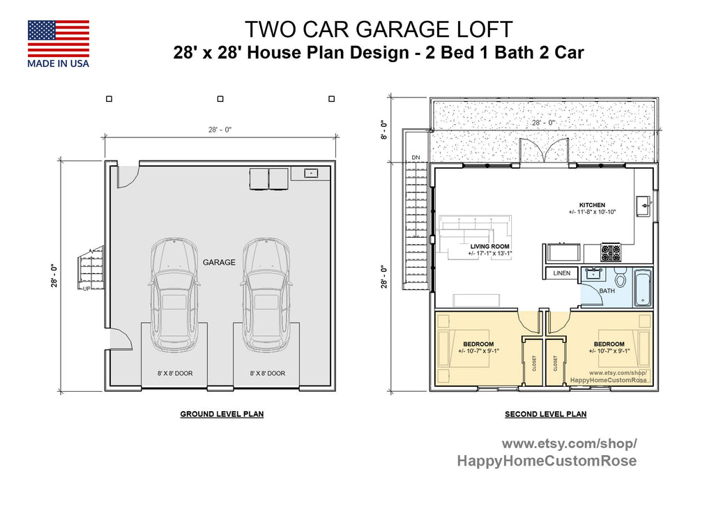 Tall Maple 2 story Detached 28'x28' Two Car Garage Loft House Plan Design - 2 Bed 1 Bath 784 sq ft - 2 Garage - Drawings Blueprints