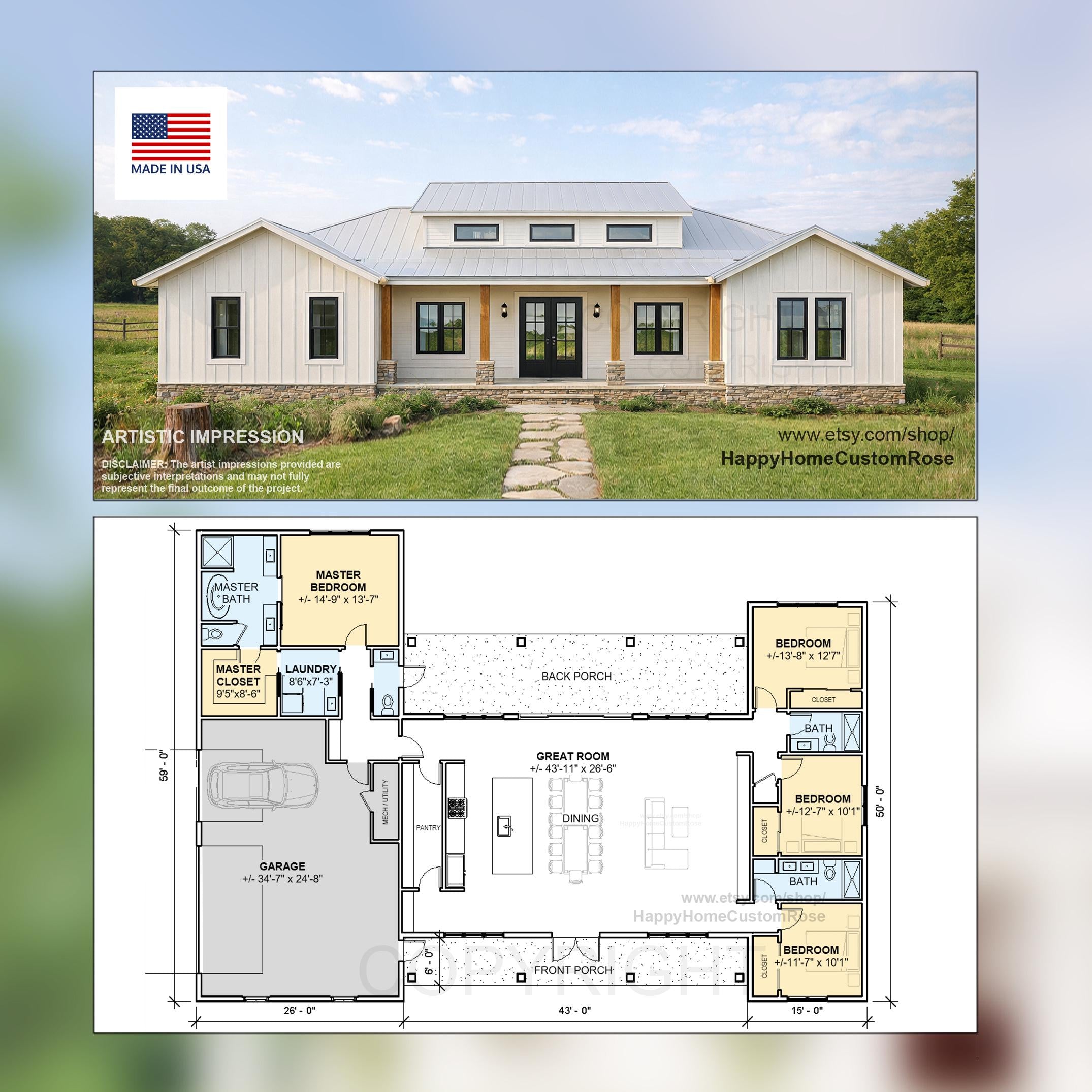 Mighty Maple Barndominium House Plan - 2636 SF, 4 Bed 3.5 Bath - Modern Open Floor Plan Blueprints