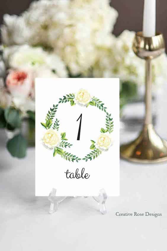 Printable Floral Wreath Garden Rose Table Numbers 1-30, Instant Download, Printable, Wedding Table Numbers