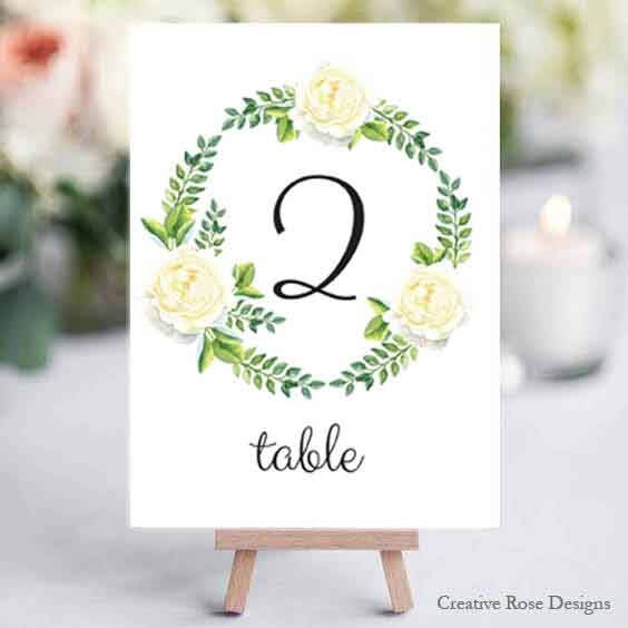 Printable Floral Wreath Garden Rose Table Numbers 1-30, Instant Download, Printable, Wedding Table Numbers