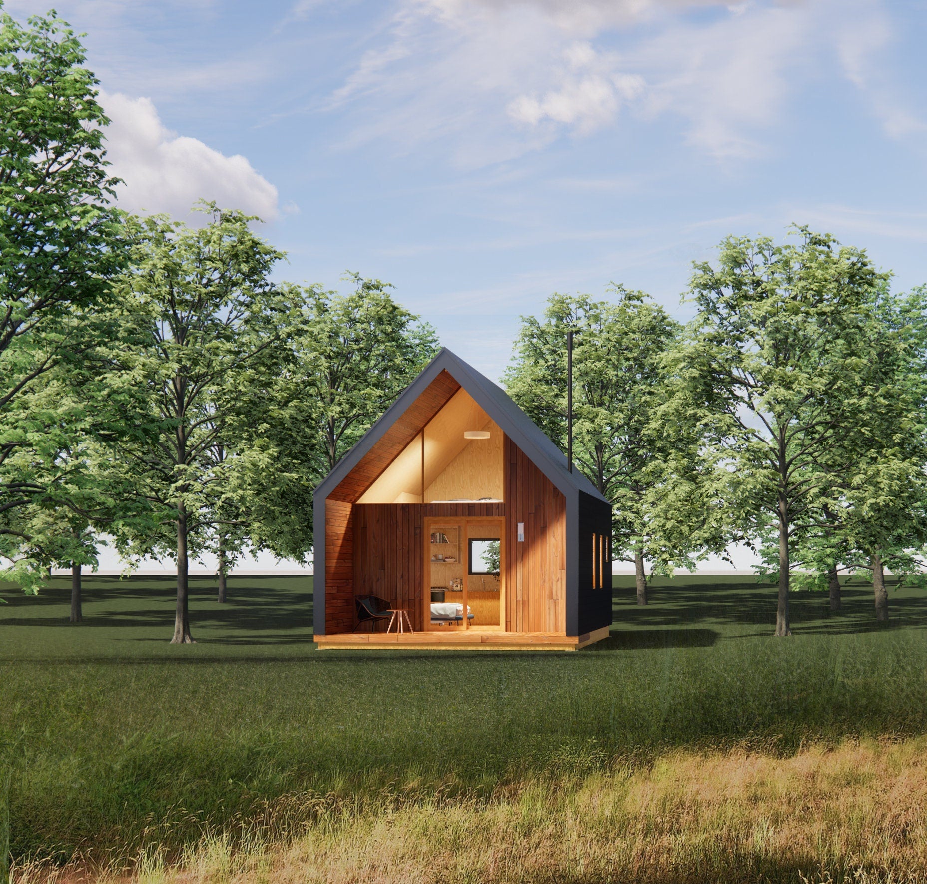 Modern ADU Cabin Plans 19x28 - Catskills Guest House - Tiny Home Blueprints