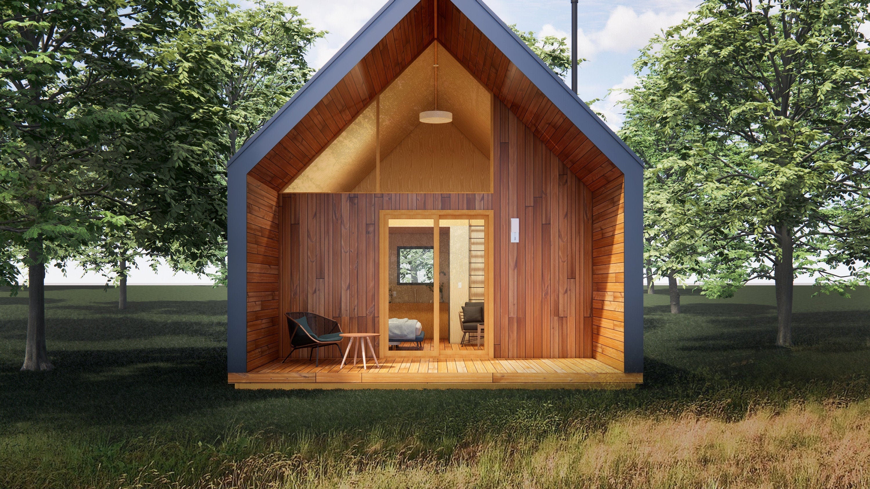 Modern ADU Cabin Plans 19x28 - Catskills Guest House - Tiny Home Blueprints