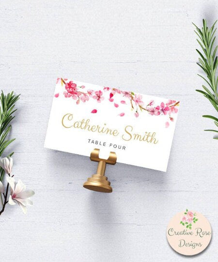 Printable Place Cards Escort Cards, Instant Download, Pink Cherry Blossom Wedding Printable Template, Edit in Word or Pages