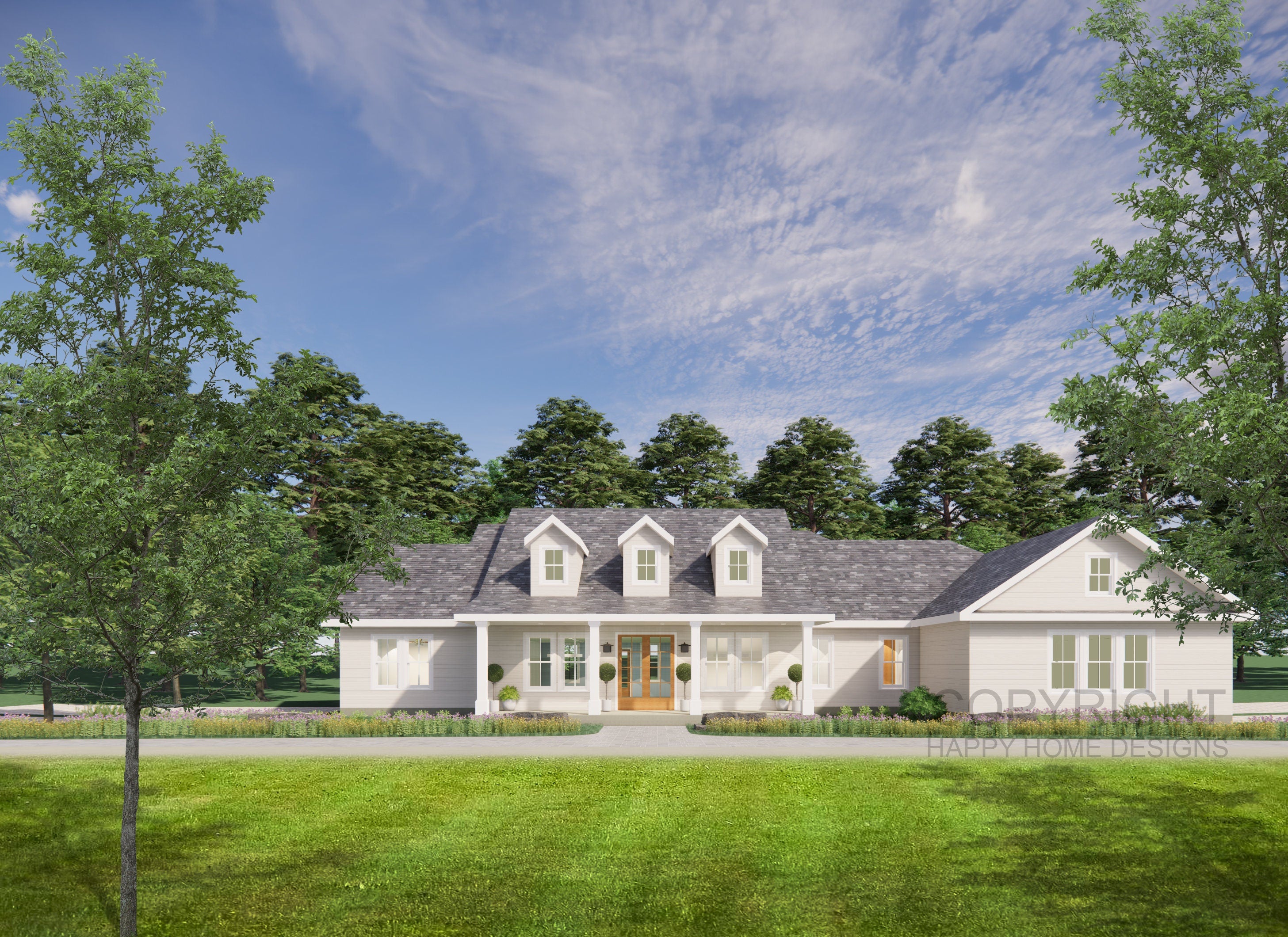 Modern Craftsman Farmhouse Triple Dormer 3 bed 2.5 bath (65'x91') with bonus attic Full House Plans and Blueprints