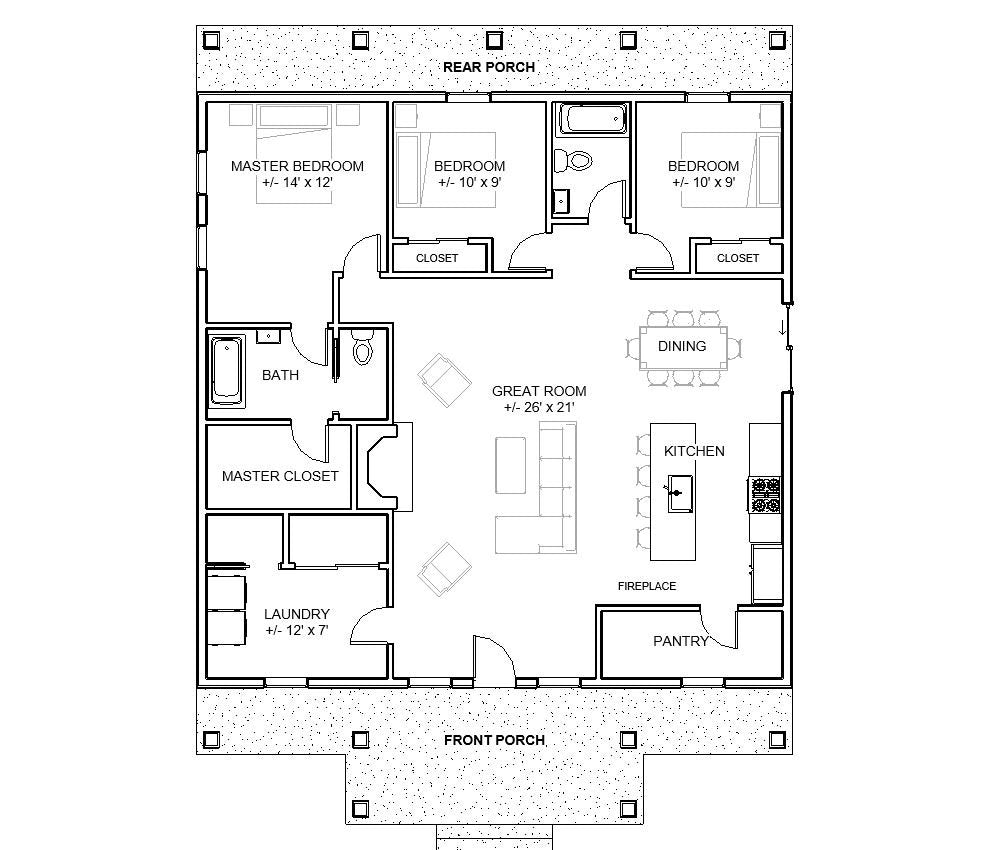 Spacious Cottage 3 bed 2 bath (40'x40') Custom House Plans and Blueprints