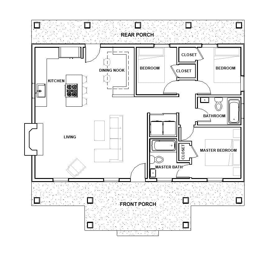 Cottage 3 bed 2 bath (40'x26') Custom House Plans and Blueprints + electrical