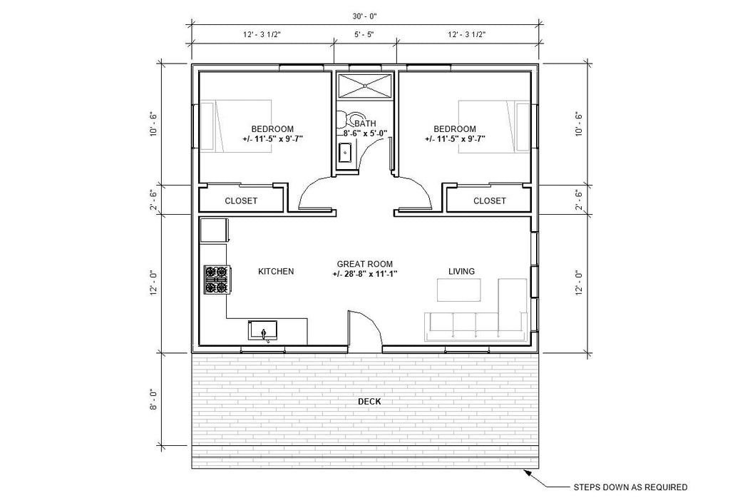 ADU Tiny House Cabin 2 bed 1 bath (30'x25') 750SF Custom House Plans and Blueprints