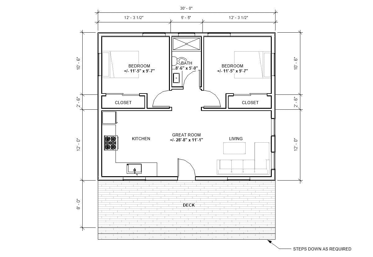 ADU Tiny House Cabin 2 bed 1 bath (30'x25') 750SF Custom House Plans and Blueprints