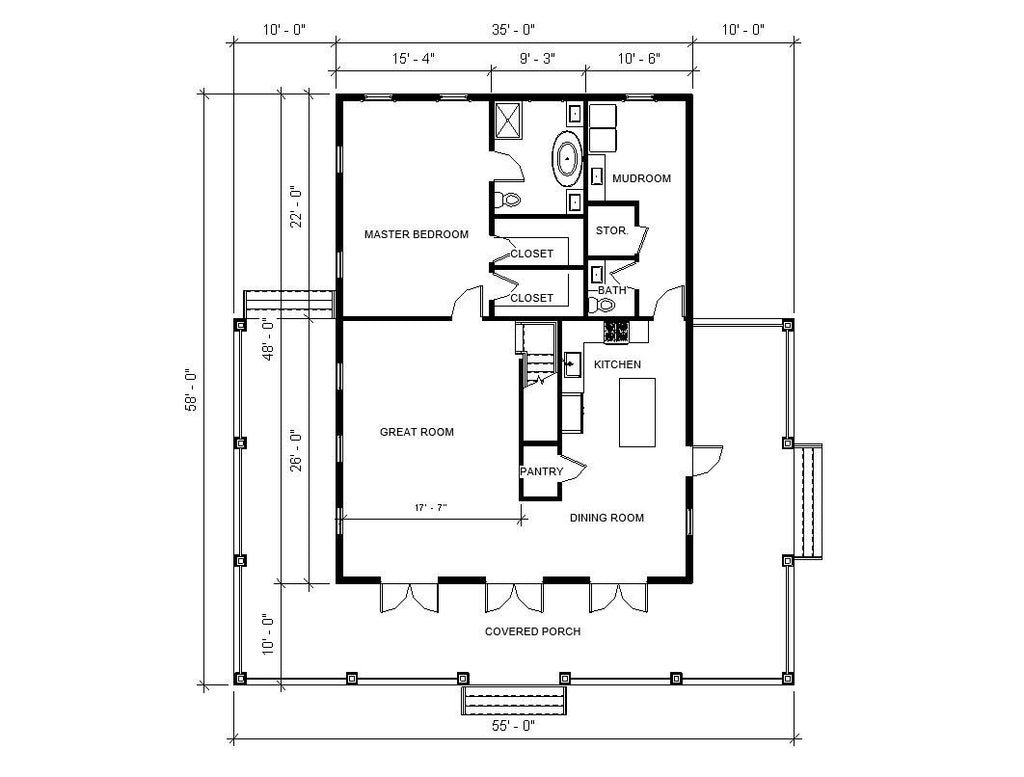 Old Southern Charm Farmhouse Plan 3 bed 3.5 bath (55'x58') Custom House Plans and Blueprints