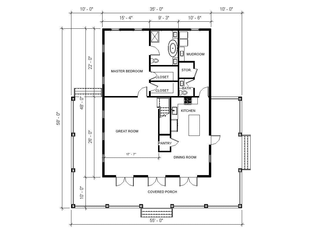 Old Southern Charm Farmhouse Plan 3 bed 3.5 bath (55'x58') Custom House Plans and Blueprints