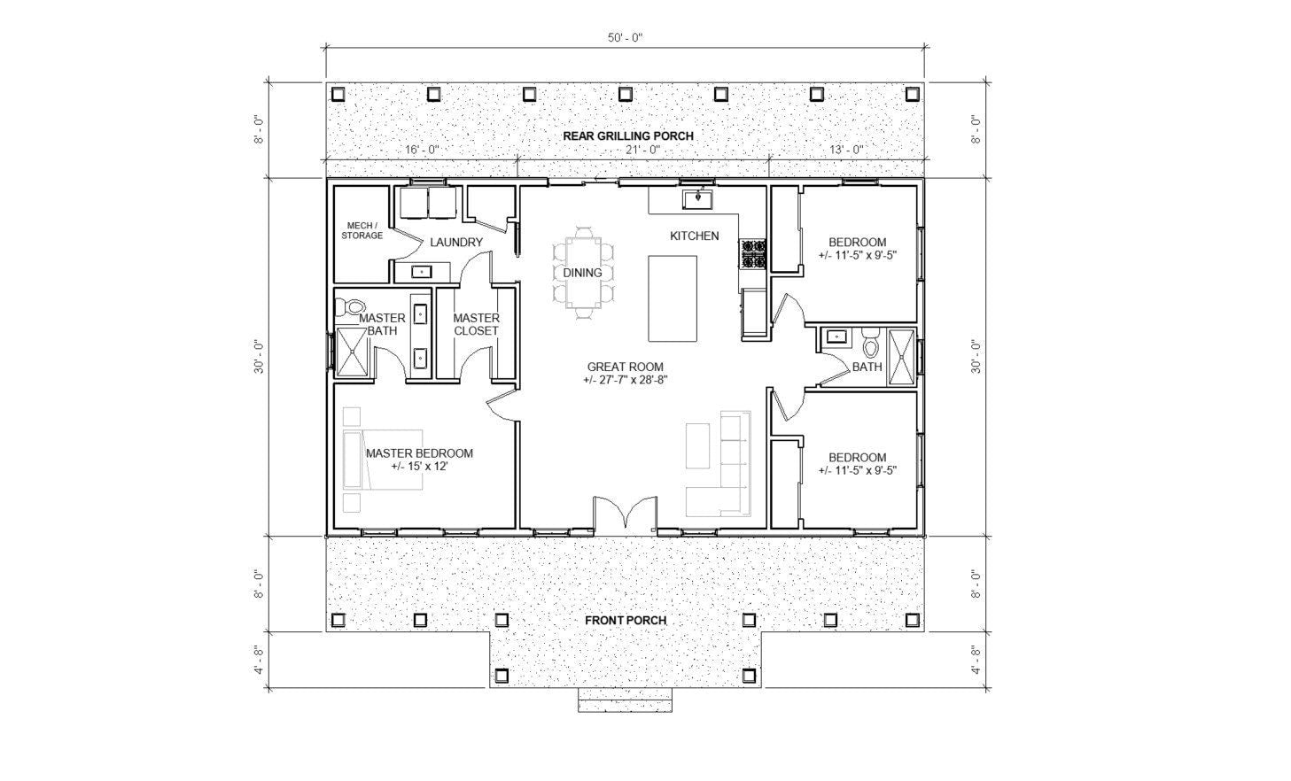 Spacious Open Plan House 3 bed 2 bath (50'x30') Custom House Plans and Blueprints