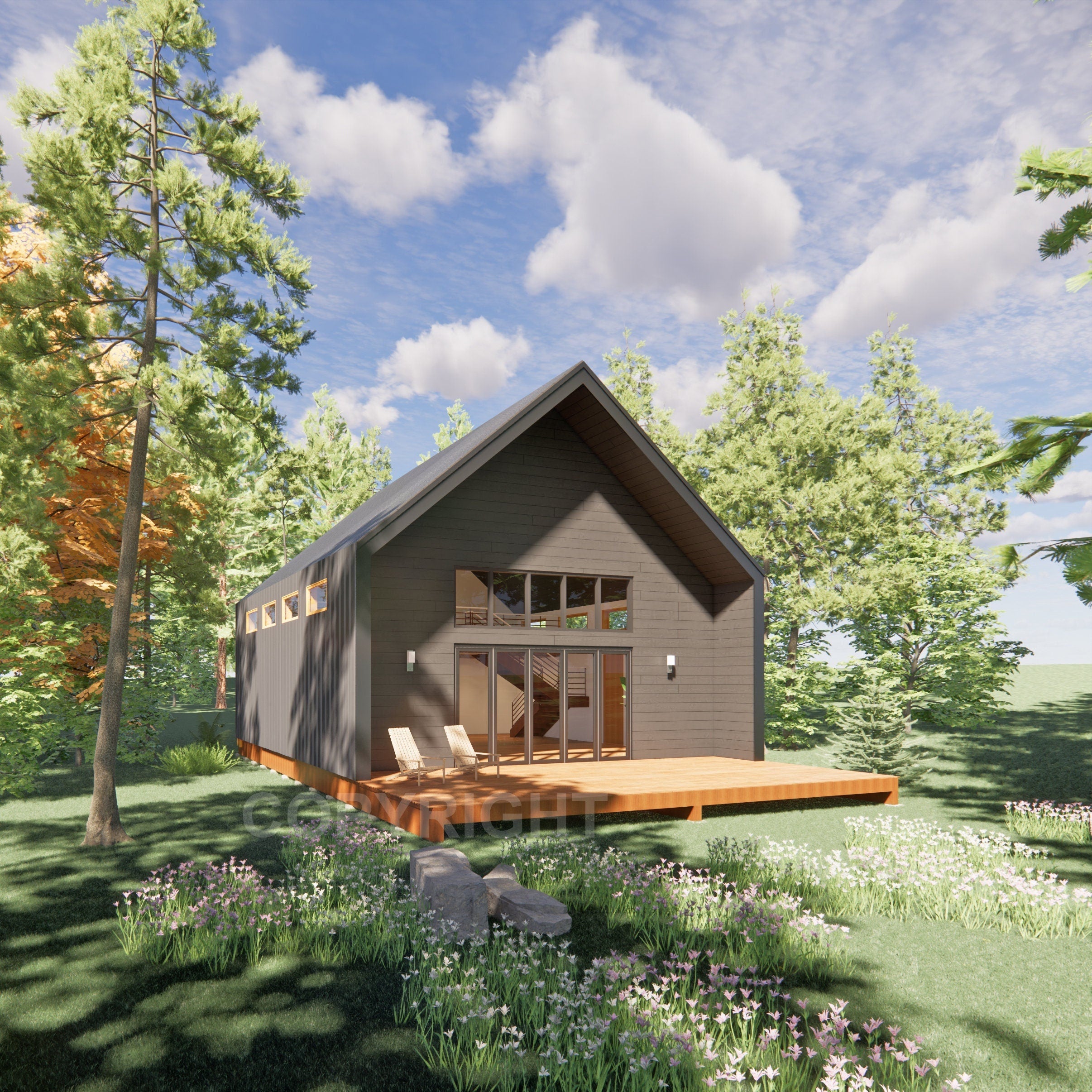 Modern Vacation Cabin Loft 30' x 30' Open Plan Cabin / Design Blueprint House Concept Pricing Plans