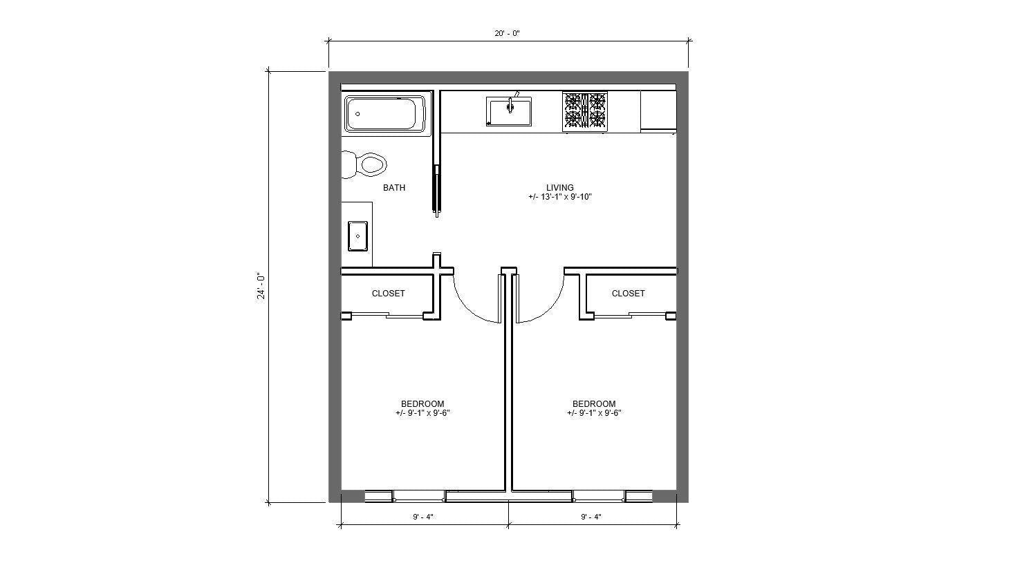 Modern Garage ADU Renovation 2 bed 1 bath (24'x20') 480 SF - Affordable Custom House Plans and Blueprints