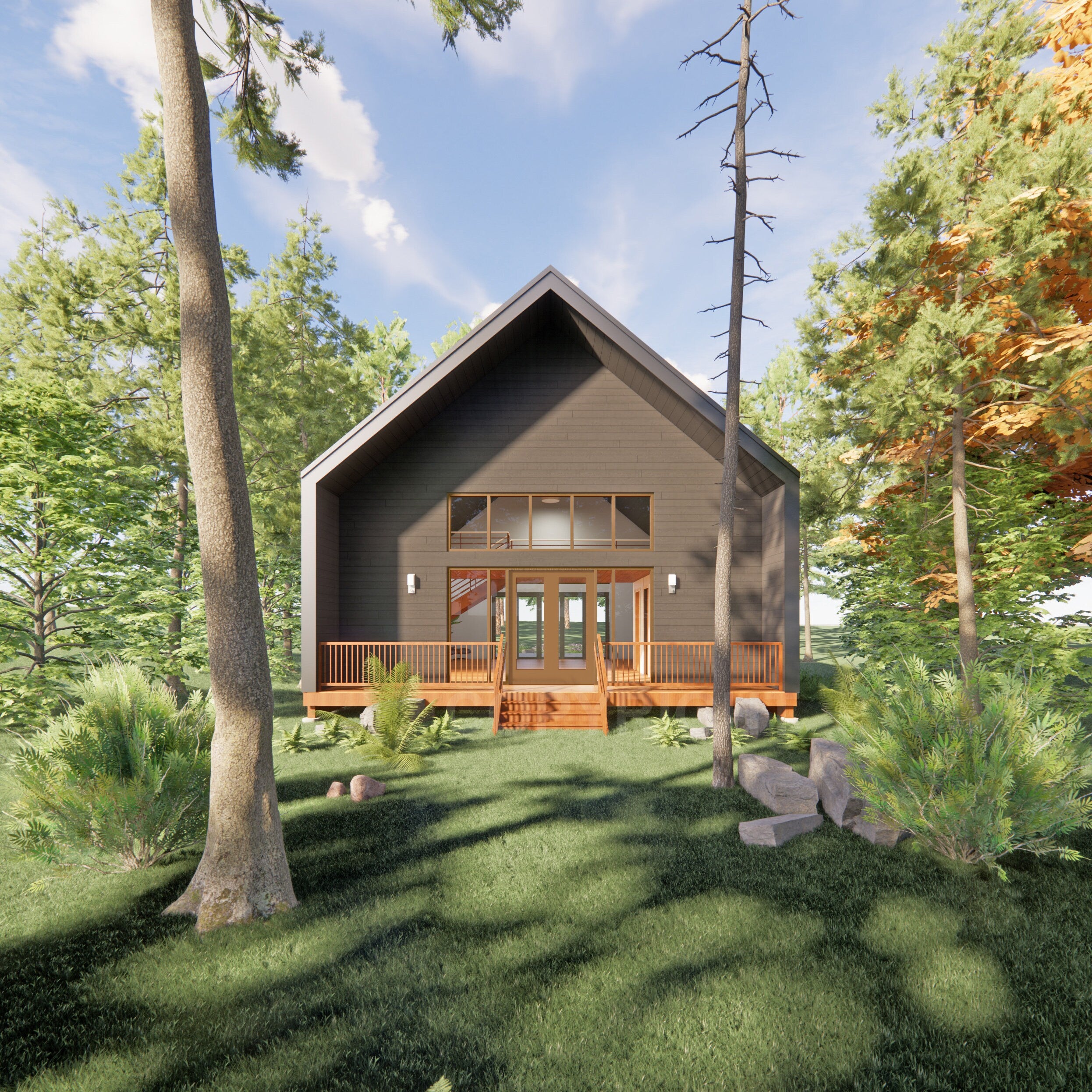 Modern Vacation Cabin Loft 30' x 30' Open Plan Cabin / Design Blueprint House Concept Pricing Plans