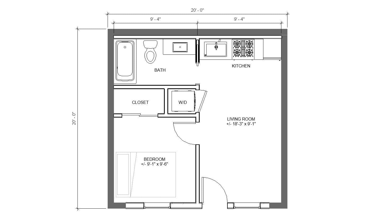 Modern Garage ADU 1 bed 1 bath (20'x20') 400 SF - Affordable Custom House Plans and Blueprints