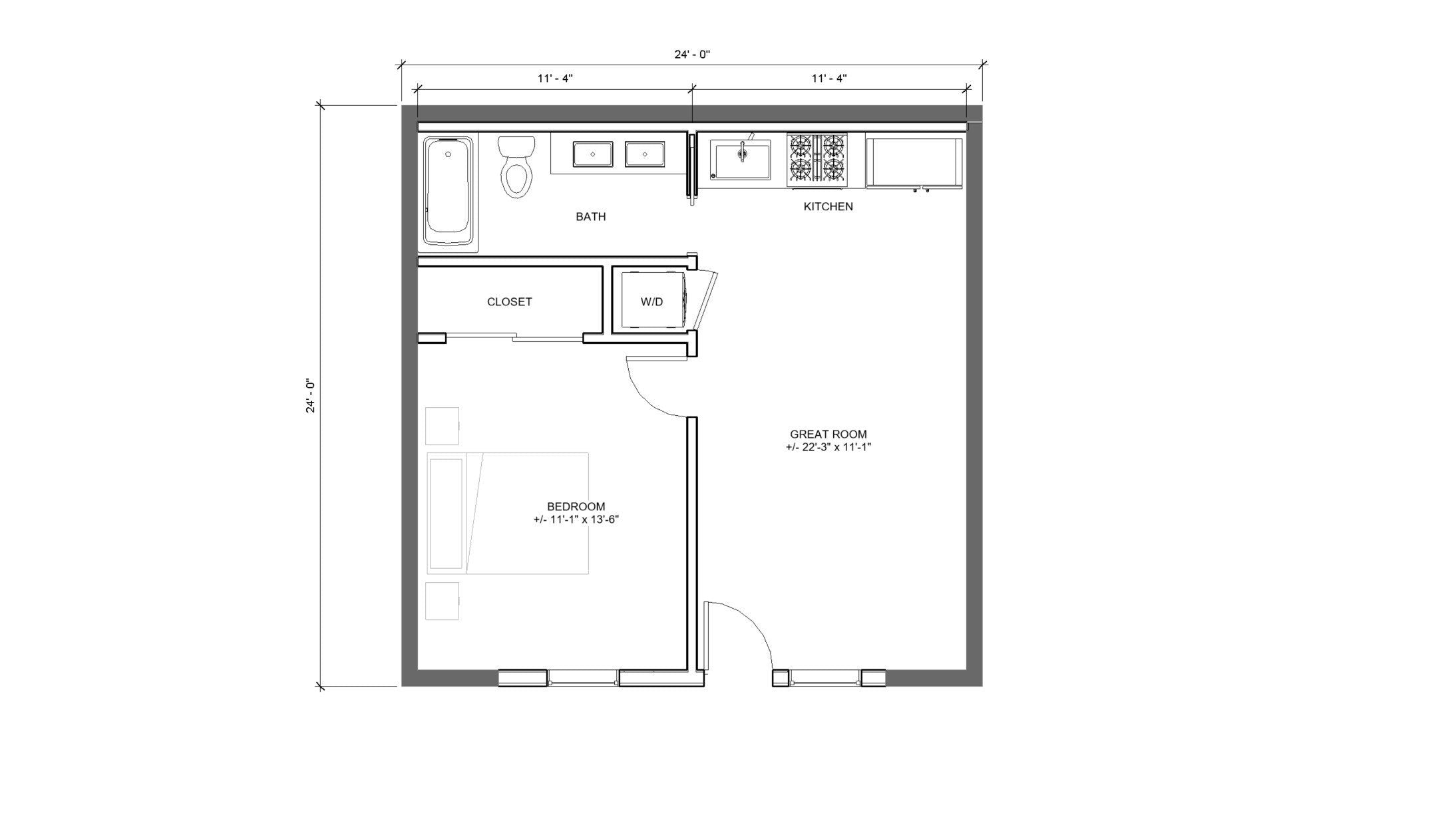 Modern Garage ADU 1 bed 1 bath (24'x24') 576 SF - Affordable Custom House Plans and Blueprints