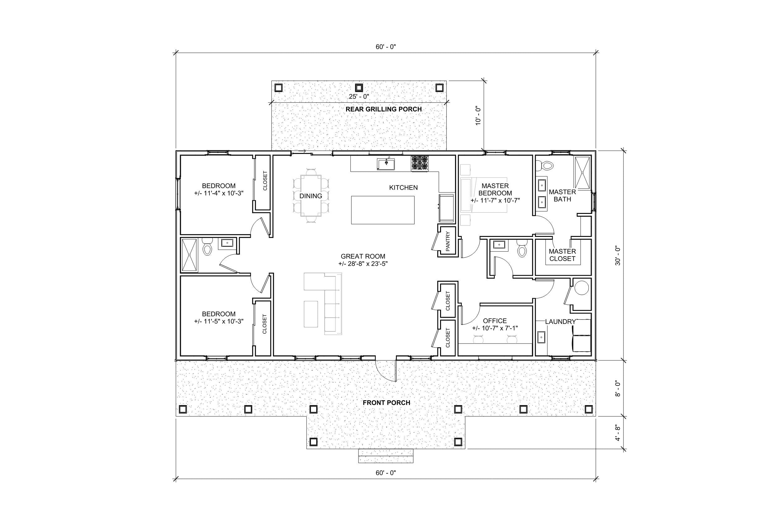 Homestead 3 bed 2.5 bath (60'x30') 1800 SF Custom House Plans and Blueprints