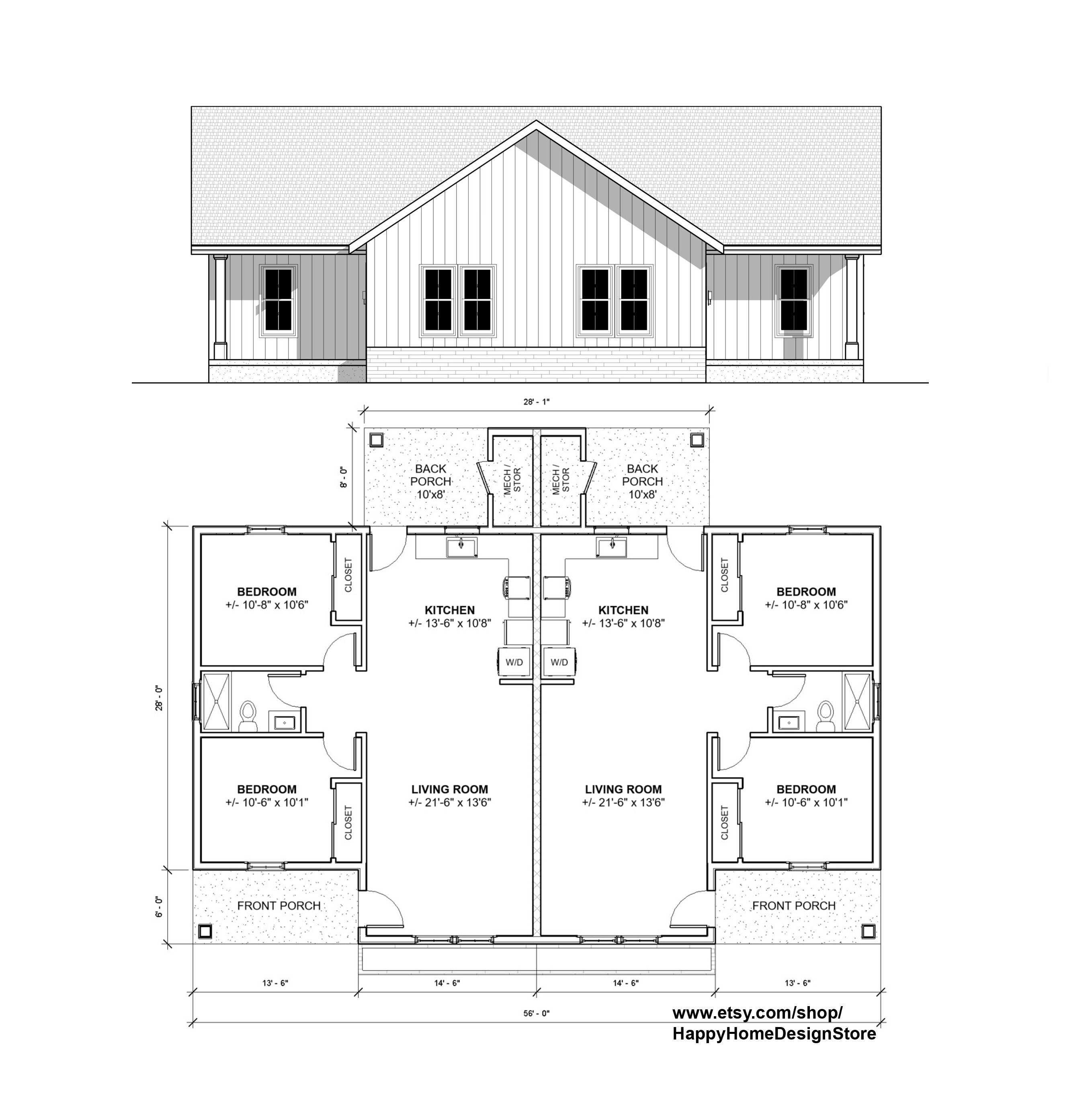 Twin Investment Duplex 2 bed 1 bath (56'x34') 1740 SF Custom House Plans and Blueprints