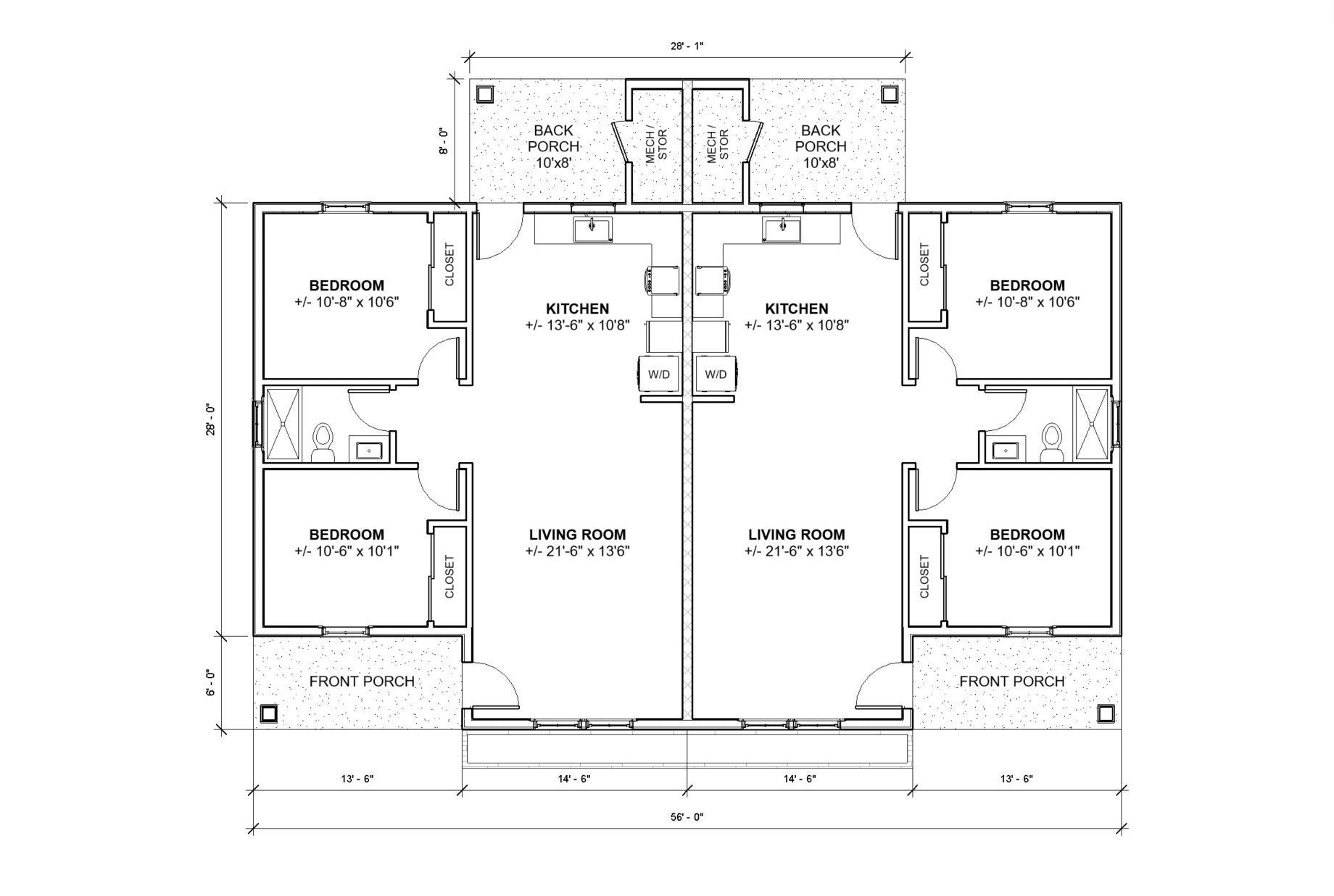 Twin Investment Duplex 2 bed 1 bath (56'x34') 1740 SF Custom House Plans and Blueprints