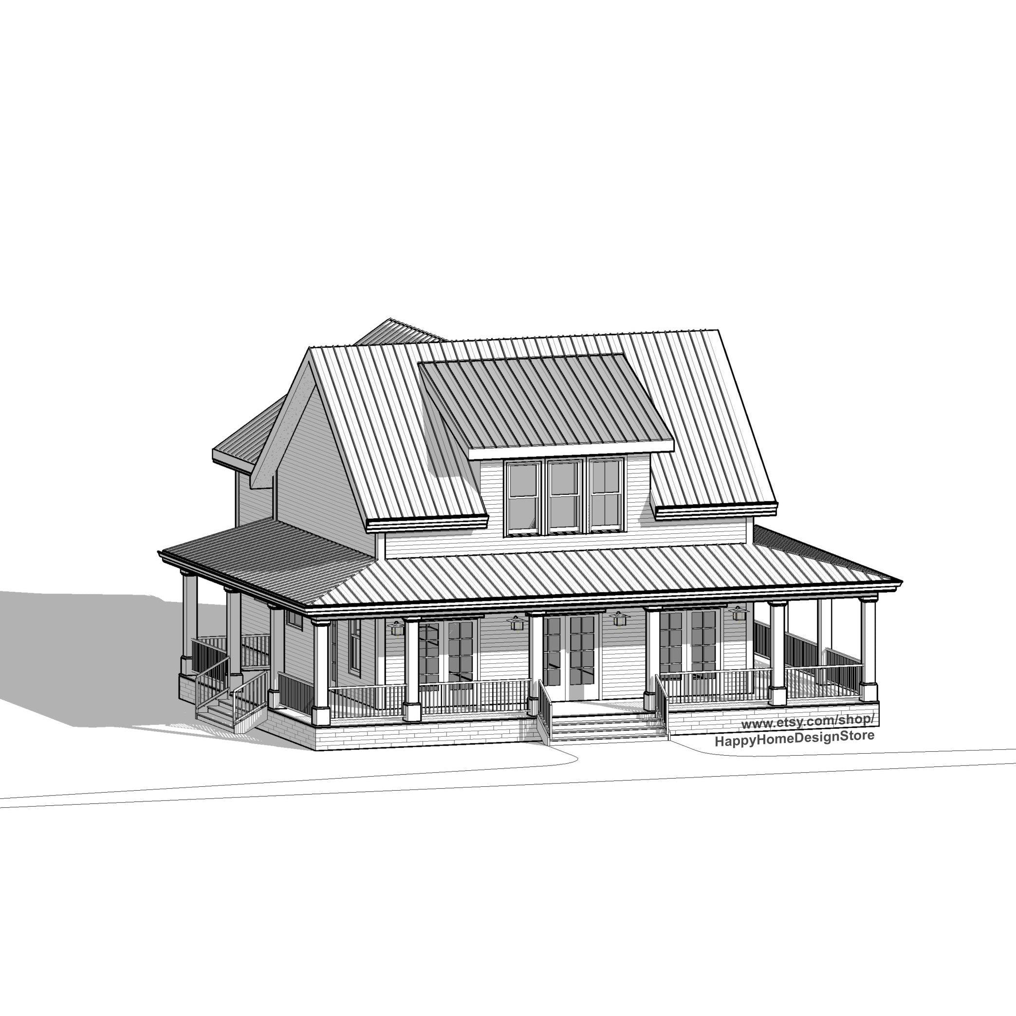 The Cottage Farmhouse Plan 3 bed 3.5 bath (51'x48') Custom House Plans and Blueprints