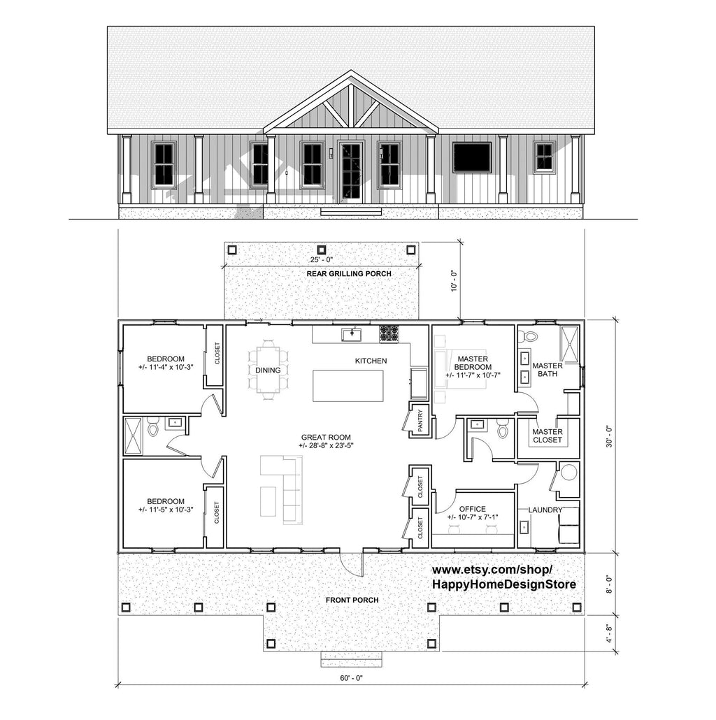 Homestead 3 bed 2.5 bath (60'x30') 1800 SF Custom House Plans and Blueprints