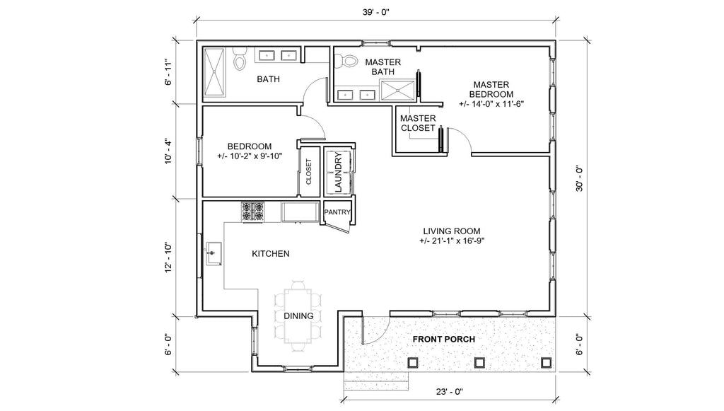 Affordable 39' x 36' Cottage - 2 Bed 2 Bath - Custom 1230SF Idyllic Cottage House Blueprint