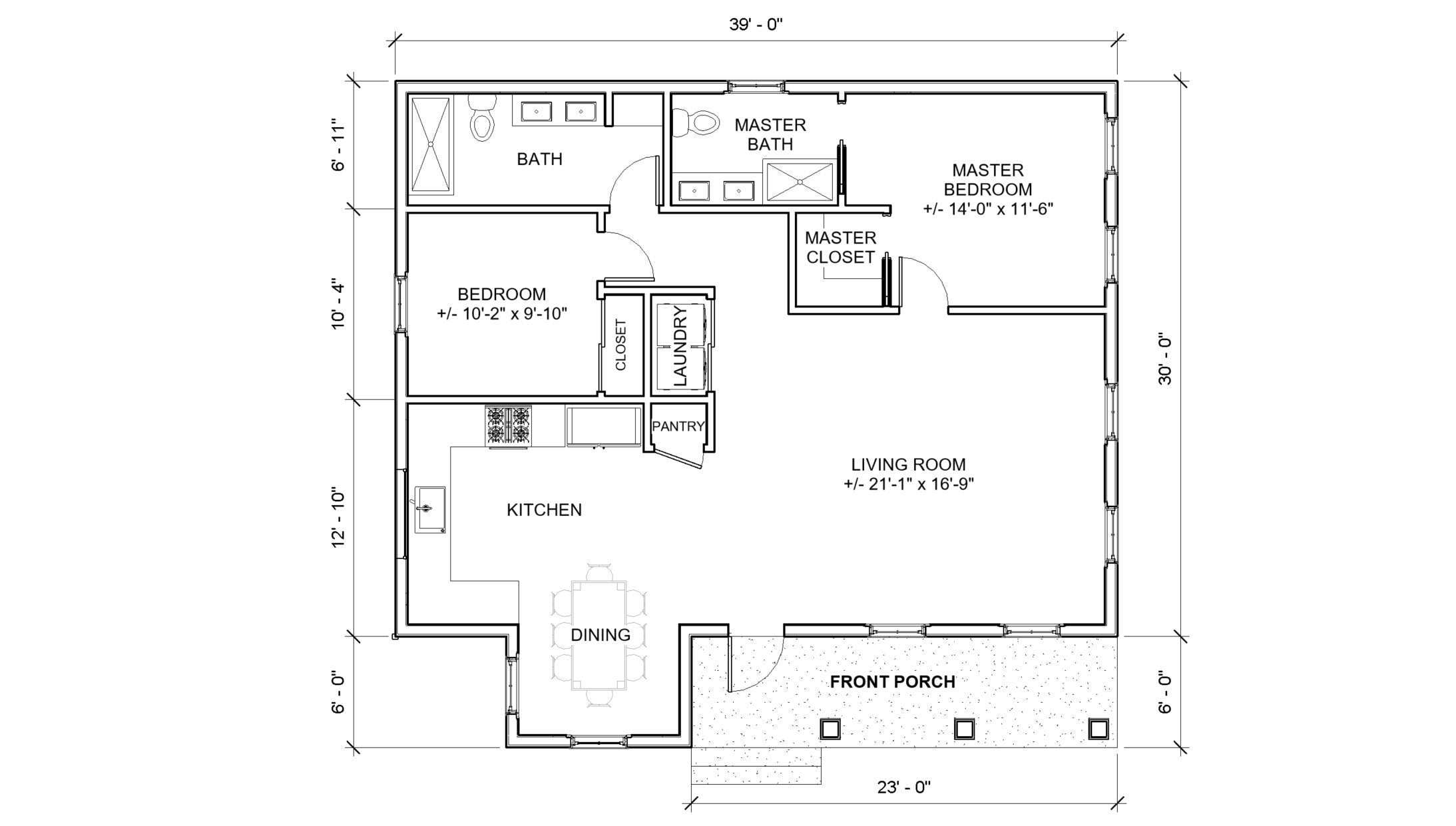 Affordable 39' x 36' Cottage - 2 Bed 2 Bath - Custom 1230SF Idyllic Cottage House Blueprint