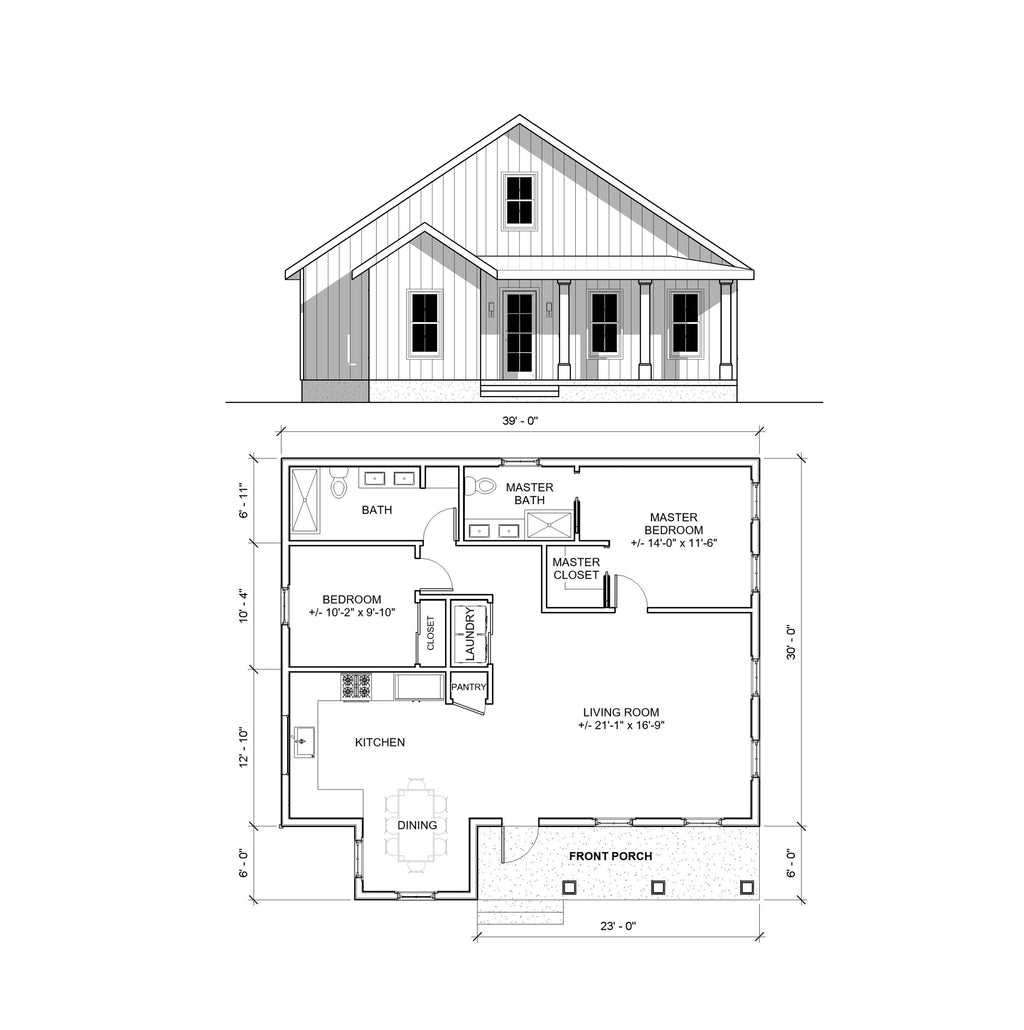 Affordable 39' x 36' Cottage - 2 Bed 2 Bath - Custom 1230SF Idyllic Cottage House Blueprint