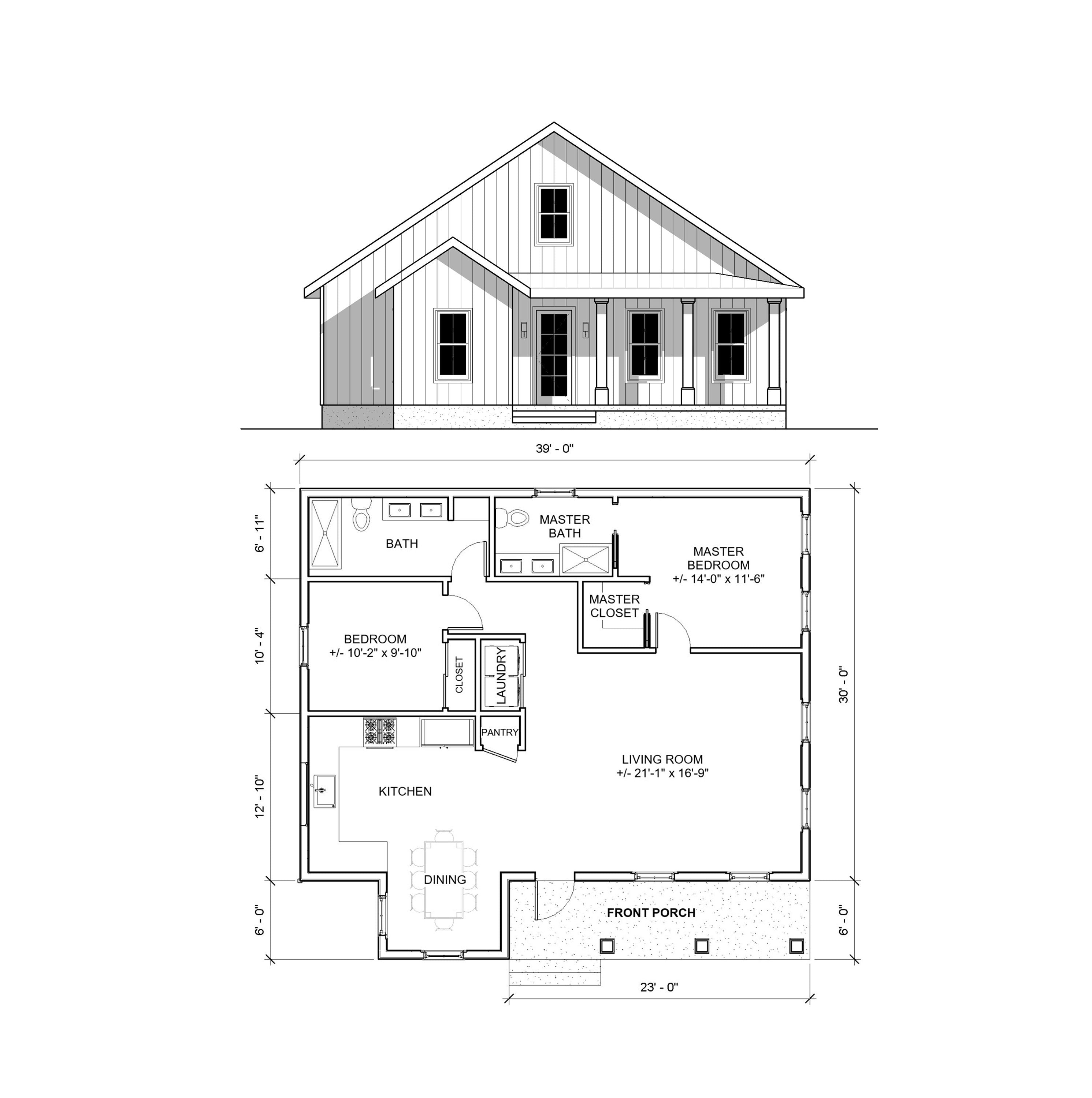 Affordable 39' x 36' Cottage - 2 Bed 2 Bath - Custom 1230SF Idyllic Cottage House Blueprint