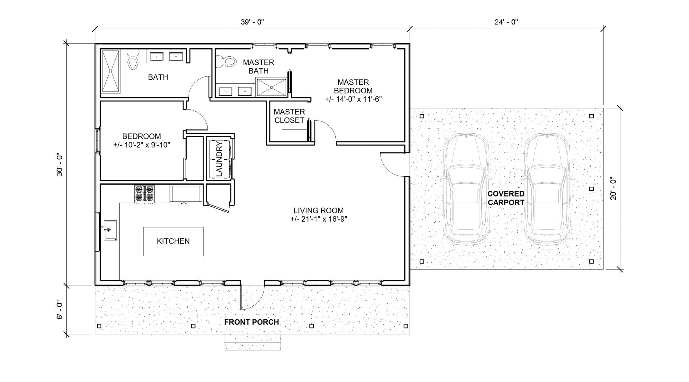 Classic Compact Barndominium 2 car carport - 2 bed 2 bath (39'x30') 1170 SF Custom House Plans and Blueprints