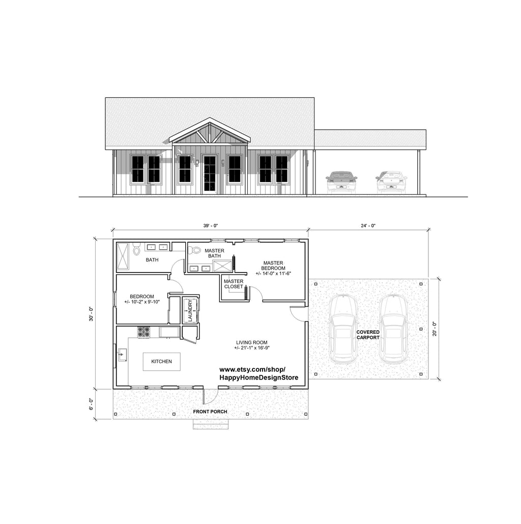 Classic Compact Barndominium 2 car carport - 2 bed 2 bath (39'x30') 1170 SF Custom House Plans and Blueprints