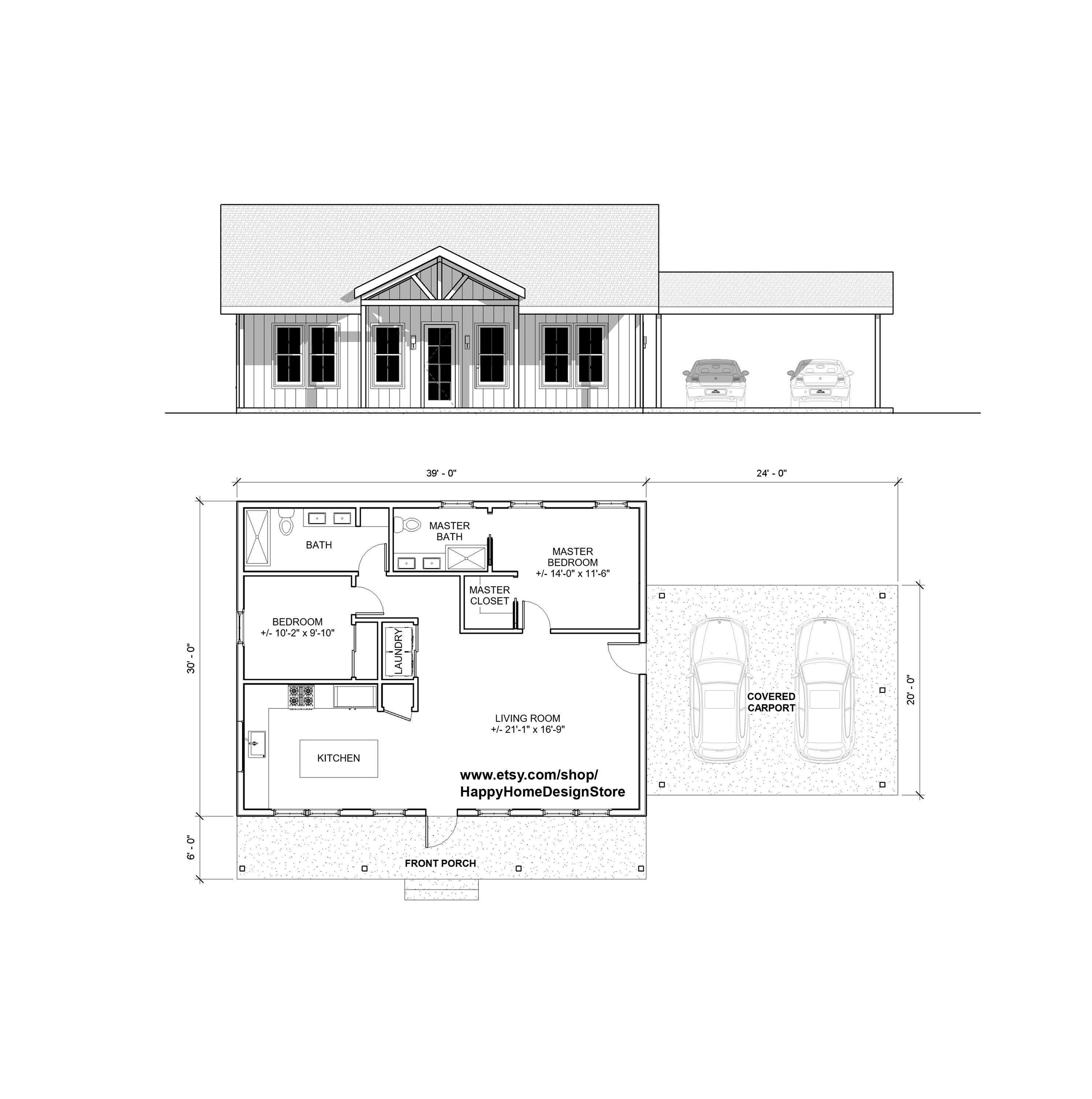 Classic Compact Barndominium 2 car carport - 2 bed 2 bath (39'x30') 1170 SF Custom House Plans and Blueprints