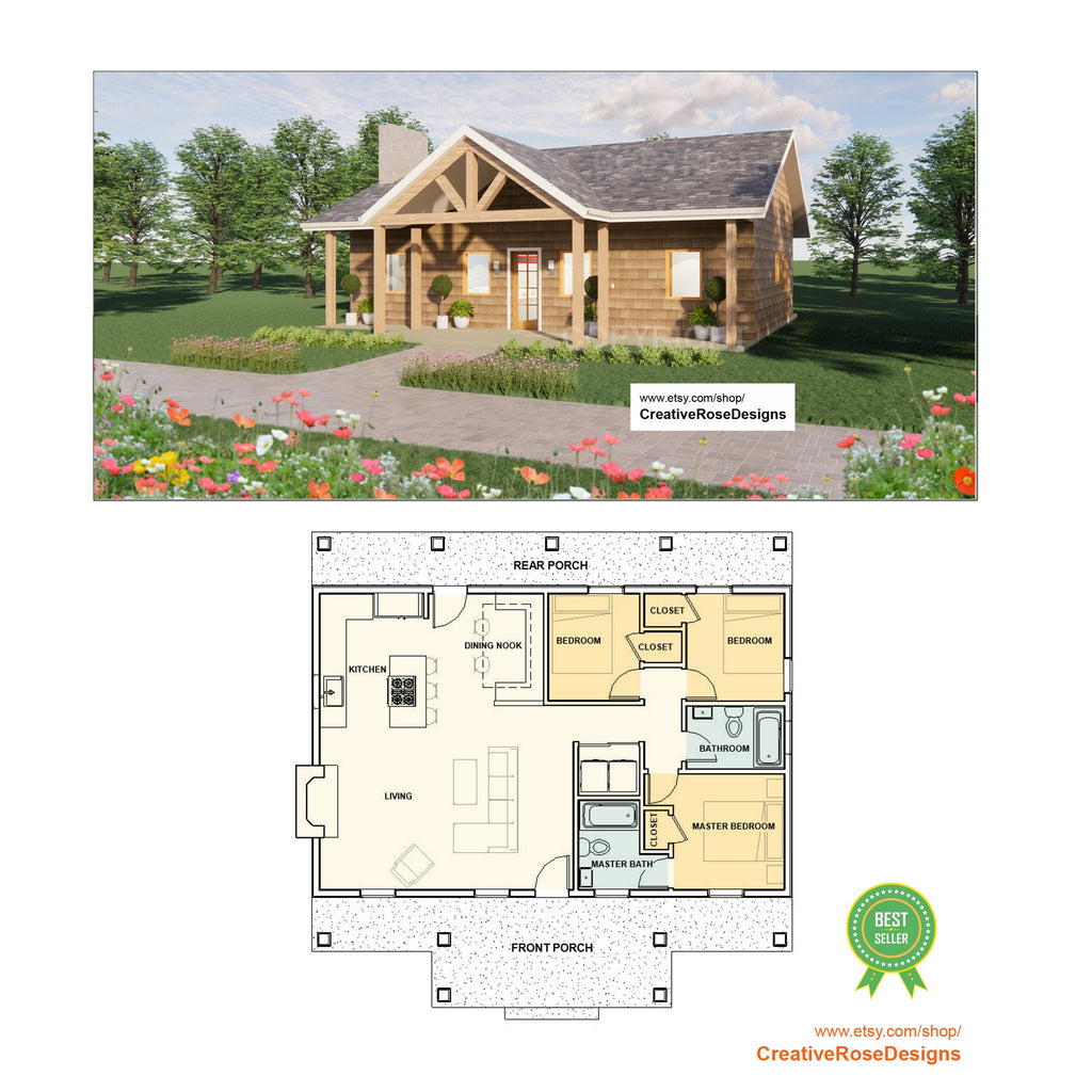 American Cottage House Plan 40x26 - 3 Bed 1040 SF - Custom Home Blueprints
