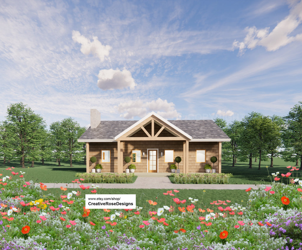 American Cottage House Plan 40x26 - 3 Bed 1040 SF - Custom Home Blueprints